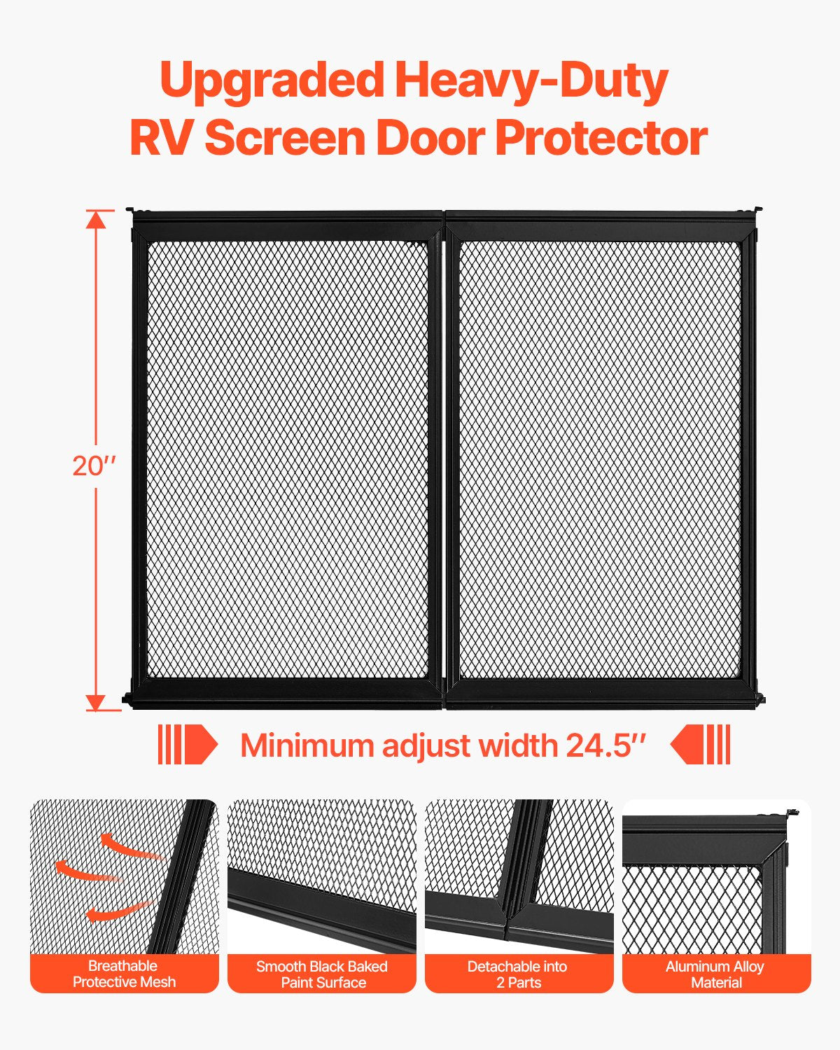 VEVOR RV Screen Door Protector, 622.3 x 508 mm Door Grille, Easy to Install and Disassemble, Reinforced Breathable Protective Mesh, Aluminum Alloy Camper RV Entry Protector for Pet Protection, Black