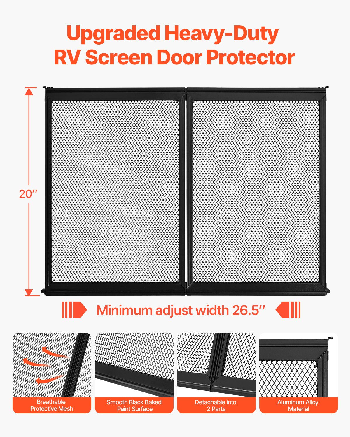 VEVOR RV Screen Door Protector, 673.1 x 508 mm Door Grille, Easy to Install and Disassemble, Reinforced Breathable Protective Mesh, Aluminum Alloy Camper RV Entry Protector for Pet Protection, Black