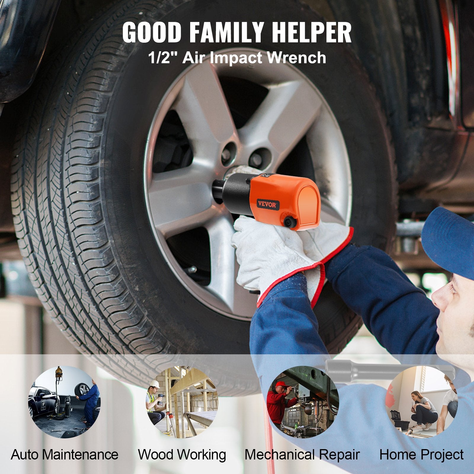 VEVOR Air Impact Wrench, 1/2" Drive Air Impact Gun Up to 880ft-lbs Nut-busting Torque, 7500RPM Lightweight Pneumatic Tool for Auto_epairs_nd_aintenance