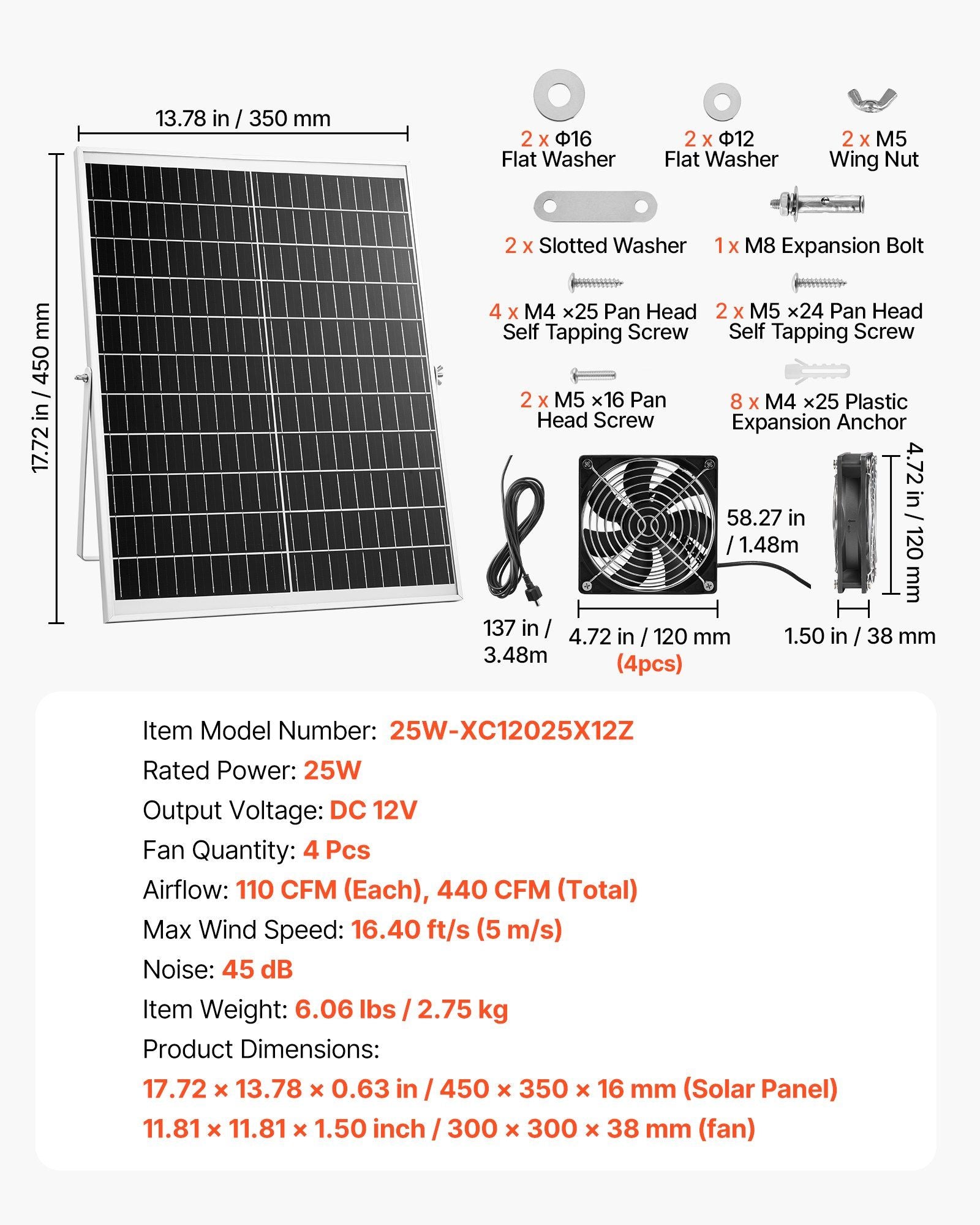 Solar Powered Fan, 25W Solar Panel with 4 Fans, Adjustable Solar Panel Angle, 2668 RPM High-Speed, Flexible Installation, Fast Air Exchange for Greenhouse, Grow Tents, Chicken Coops, Shelters