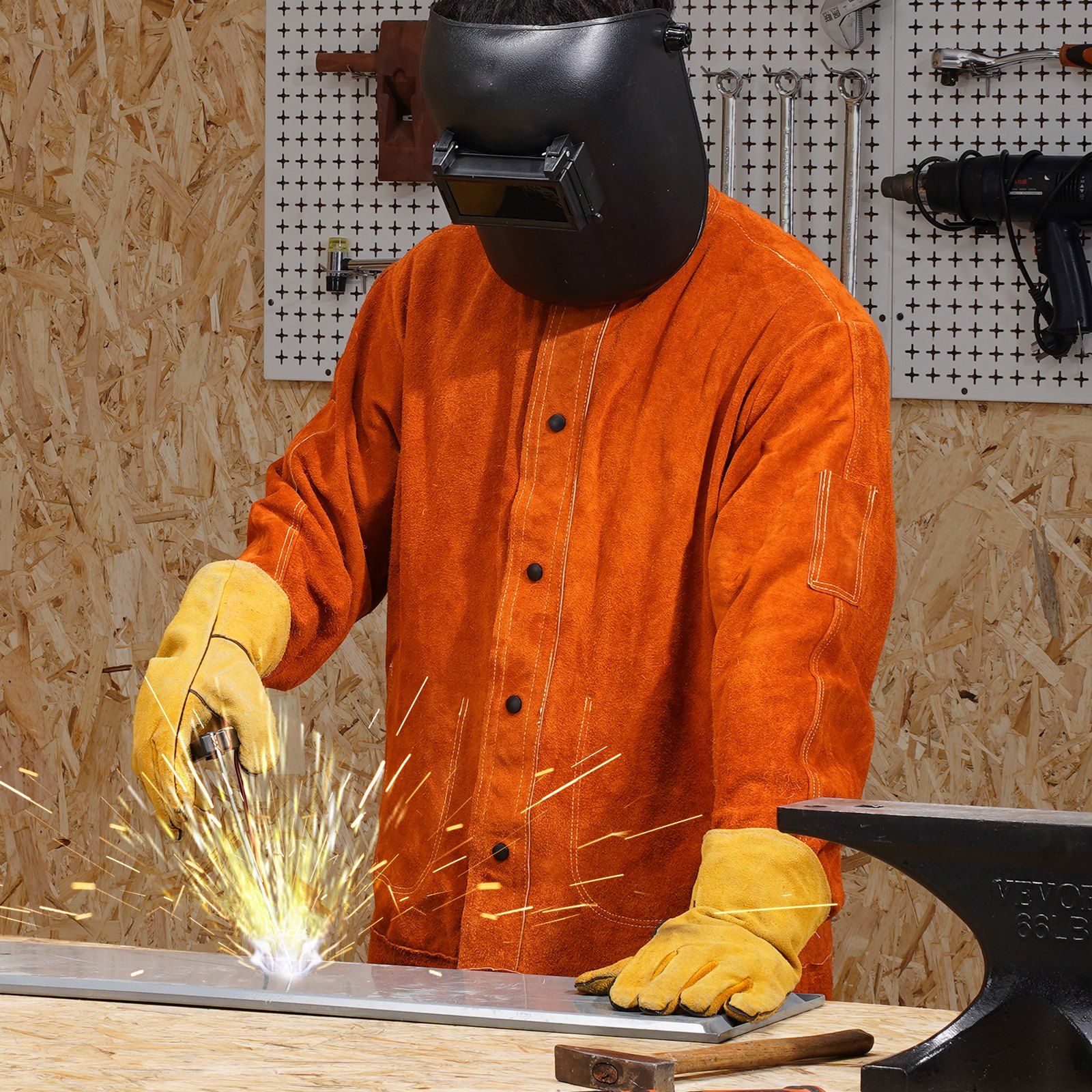 Flame-Resistant Welding Jacket - M Size, Heavy Duty Cowhide Leather Welding Jacket, Waterproof Heat-Resistant Safety Jacket with Snap Buttons, 4 Pockets & Adjustable Cuffs for Welders Steelworks