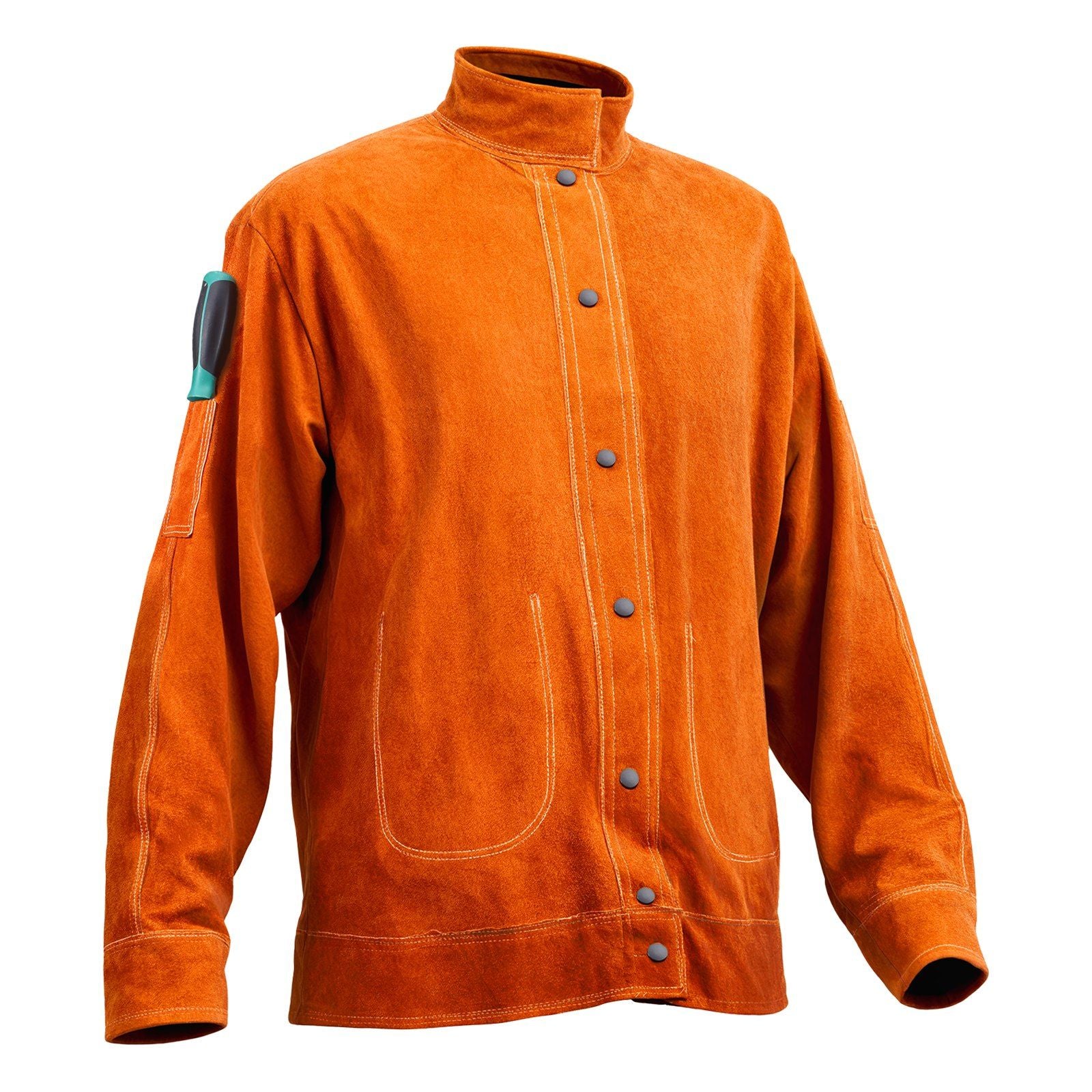 Flame-Resistant Welding Jacket - M Size, Heavy Duty Cowhide Leather Welding Jacket, Waterproof Heat-Resistant Safety Jacket with Snap Buttons, 4 Pockets & Adjustable Cuffs for Welders Steelworks