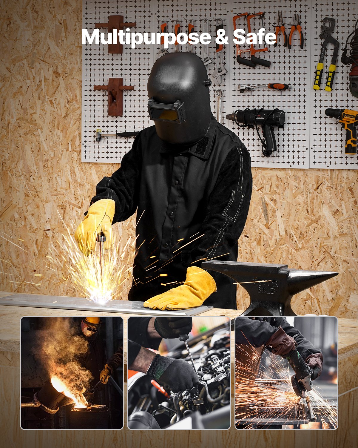 VEVOR FR Welding Jacket L Size Heavy Duty Cowhide Leather & 9oz FR Cotton