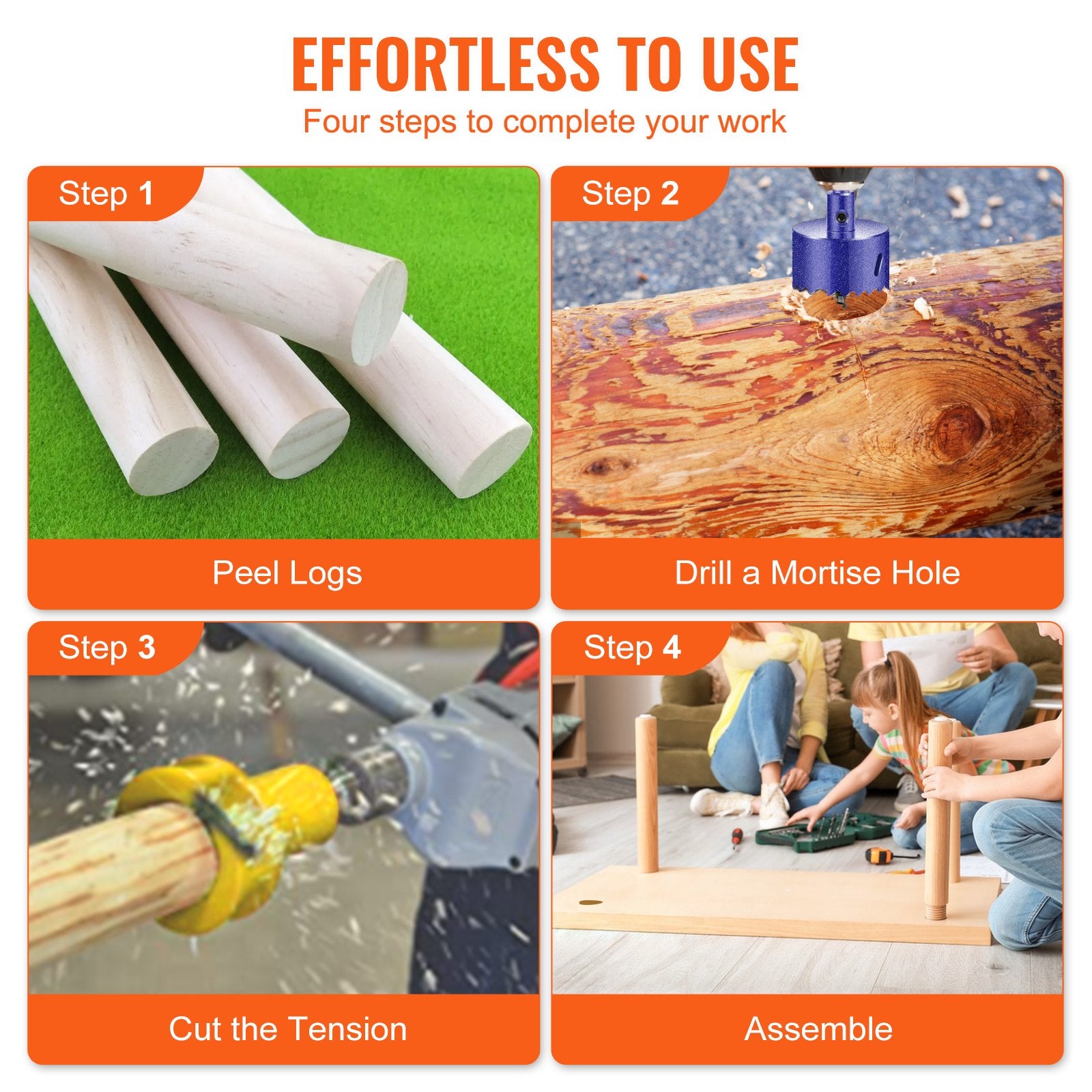 VEVOR Tenon Cutter Log Furniture Kit 1" & 1.5"& 2" w/ Curved Blade for Home DIY