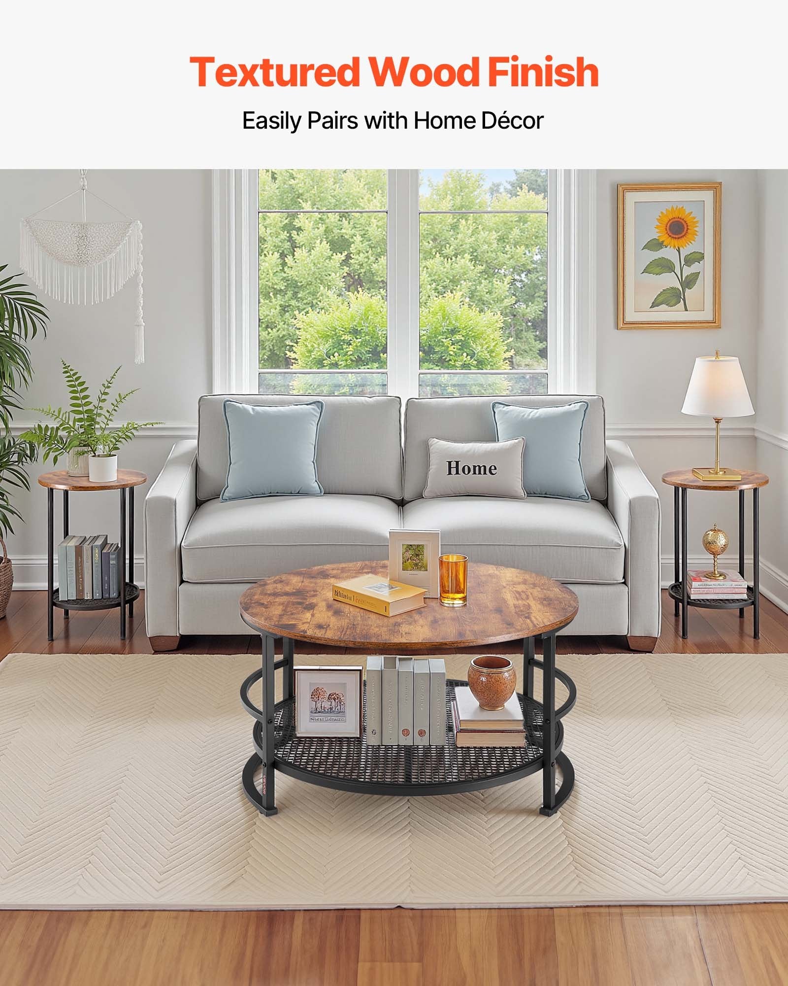 VEVOR 3 Pieces Round Coffee Table Set 80 cm with 2 End Tables for Living Room