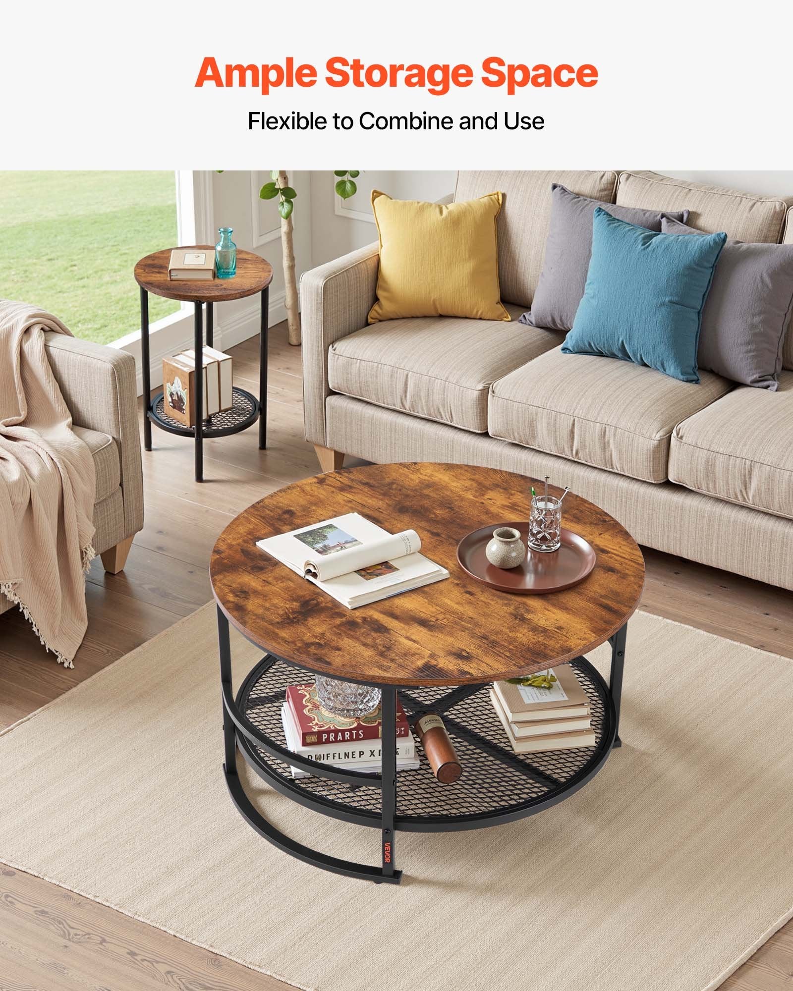 VEVOR 3 Pieces Round Coffee Table Set 80 cm with 2 End Tables for Living Room