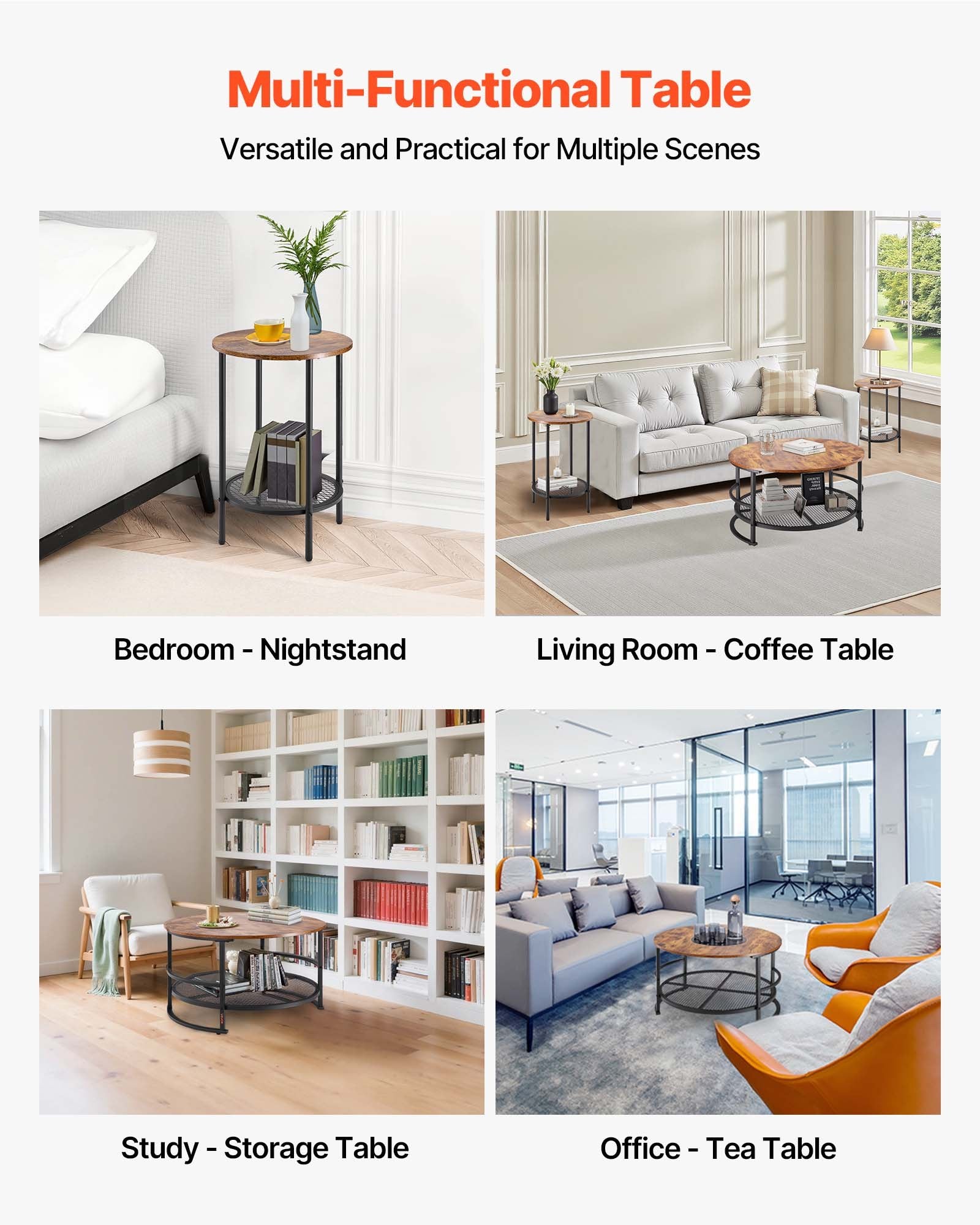 VEVOR 3 Pieces Round Coffee Table Set 80 cm with 2 End Tables for Living Room