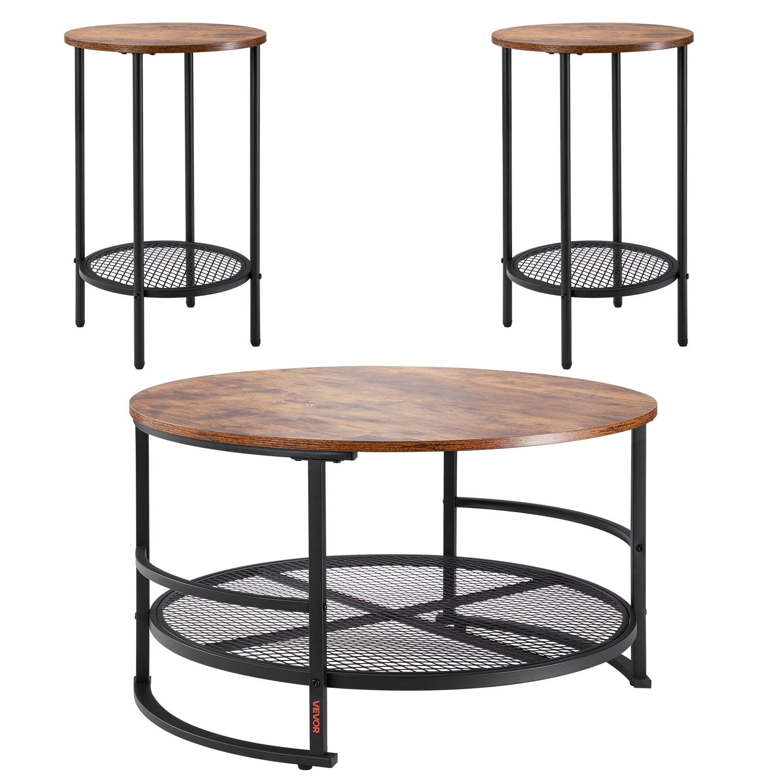 VEVOR 3 Pieces Round Coffee Table Set 80 cm with 2 End Tables for Living Room