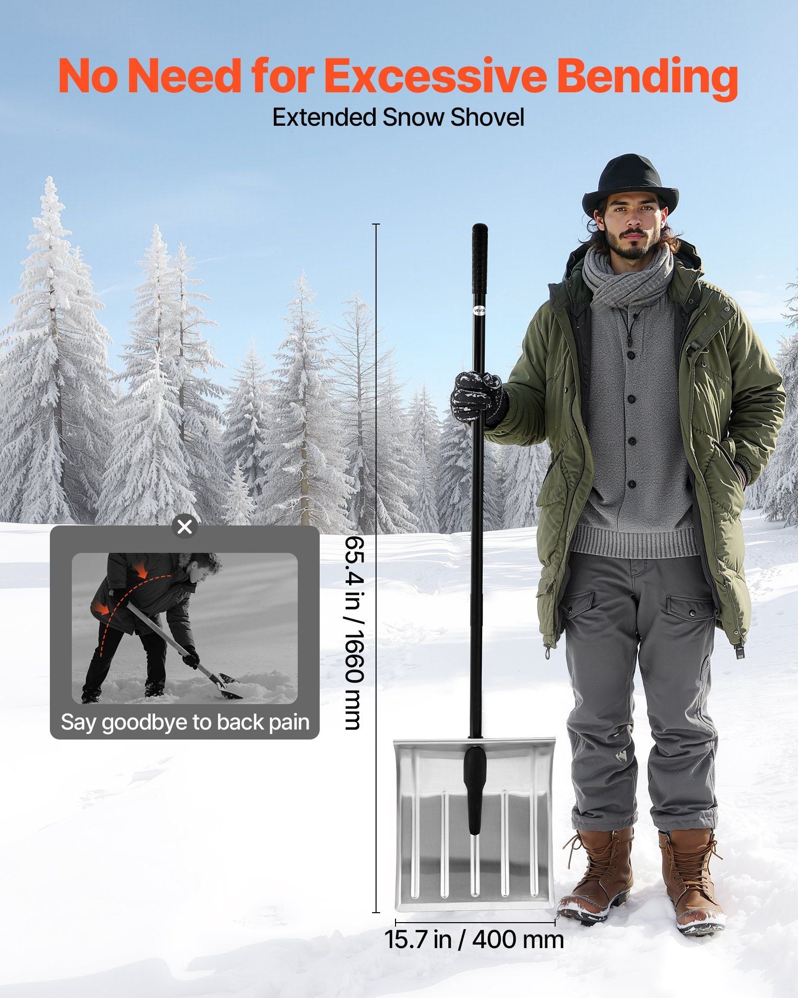 Snow Shovel for Driveway, 40cm Wide Aluminum Alloy Snow Shovel, Non Slip Grip, Large Capacity Snowplow Shovels, Detachable & Lightweight Snows Removal Tool for Garden Car Camping Outdoors