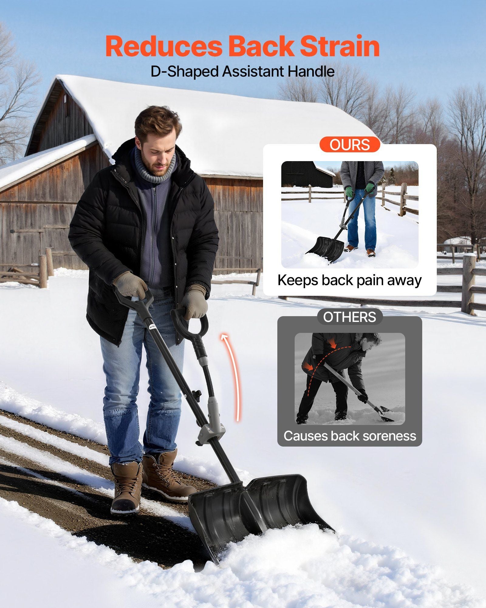 Snow Shovel for Driveway, 45.5cm Wide Snow Shovel with Assist D-shaped Handles, Non Slip Grip, Large Capacity Snowplow Shovels, Lightweight Snows Removal Tool for Garden Car Camping Outdoors