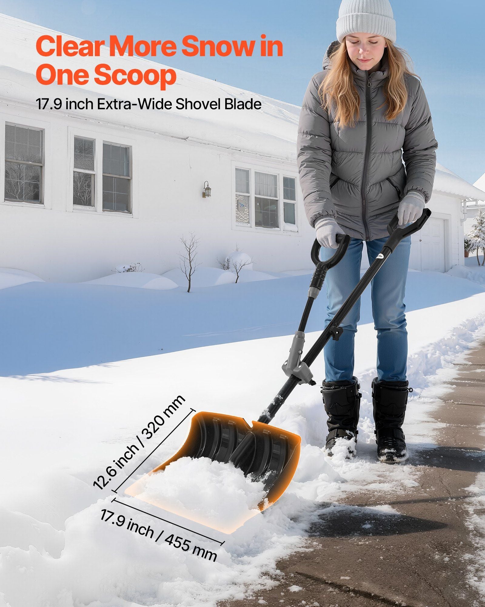 Snow Shovel for Driveway, 45.5cm Wide Snow Shovel with Assist D-shaped Handles, Non Slip Grip, Large Capacity Snowplow Shovels, Lightweight Snows Removal Tool for Garden Car Camping Outdoors