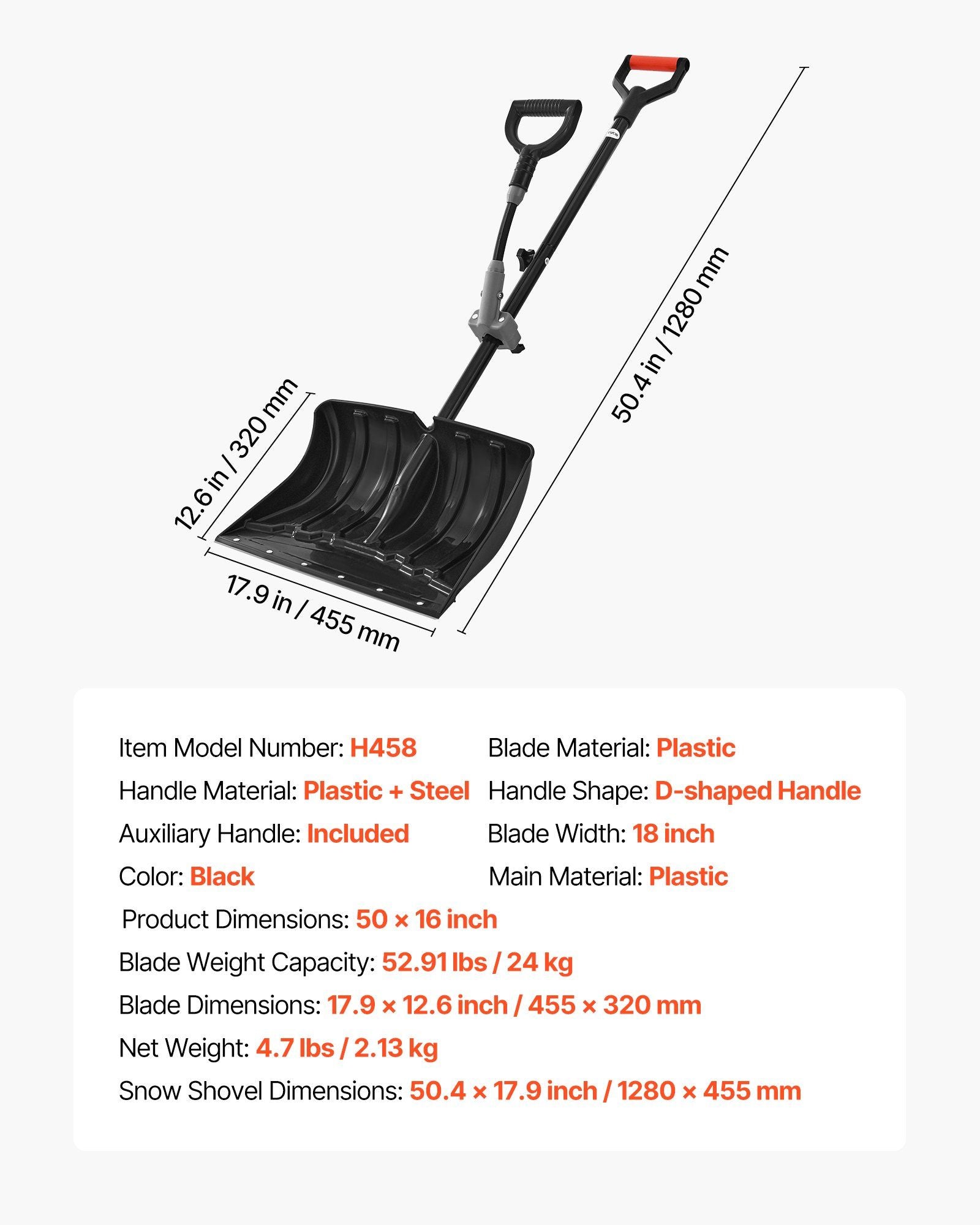 Snow Shovel for Driveway, 45.5cm Wide Snow Shovel with Assist D-shaped Handles, Non Slip Grip, Large Capacity Snowplow Shovels, Lightweight Snows Removal Tool for Garden Car Camping Outdoors