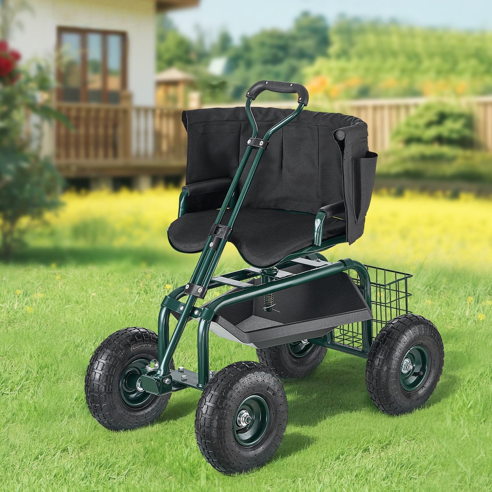 VEVOR Rolling Garden Cart with Swivel Seat Wheels Extendable Handle Storage Box