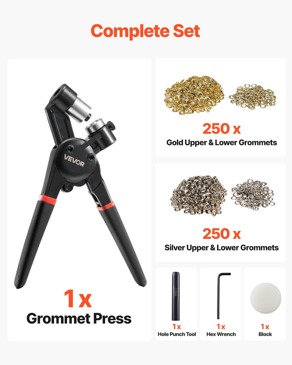 VEVOR Grommet Tool Kit 500 PCS 10 mm Metal Eyelets Grommets in Gold and Silver