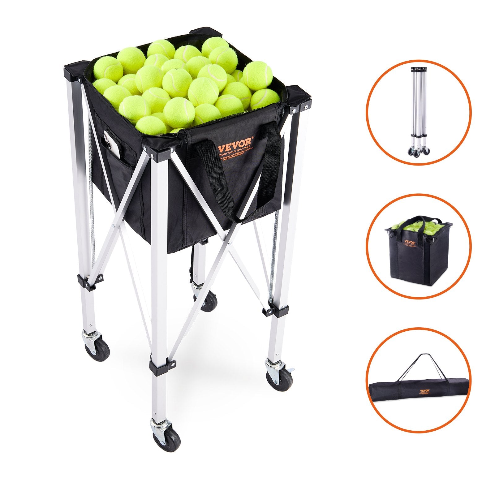 VEVOR Foldable Tennis Ball Hopper, Holds 150 Tennis Balls, Lightweight Aluminum Alloy Tennis Ball Basket Cart with Wheels, Removable Bag, Carry Bag, Portable Sports Teaching Cart for Tennis Player