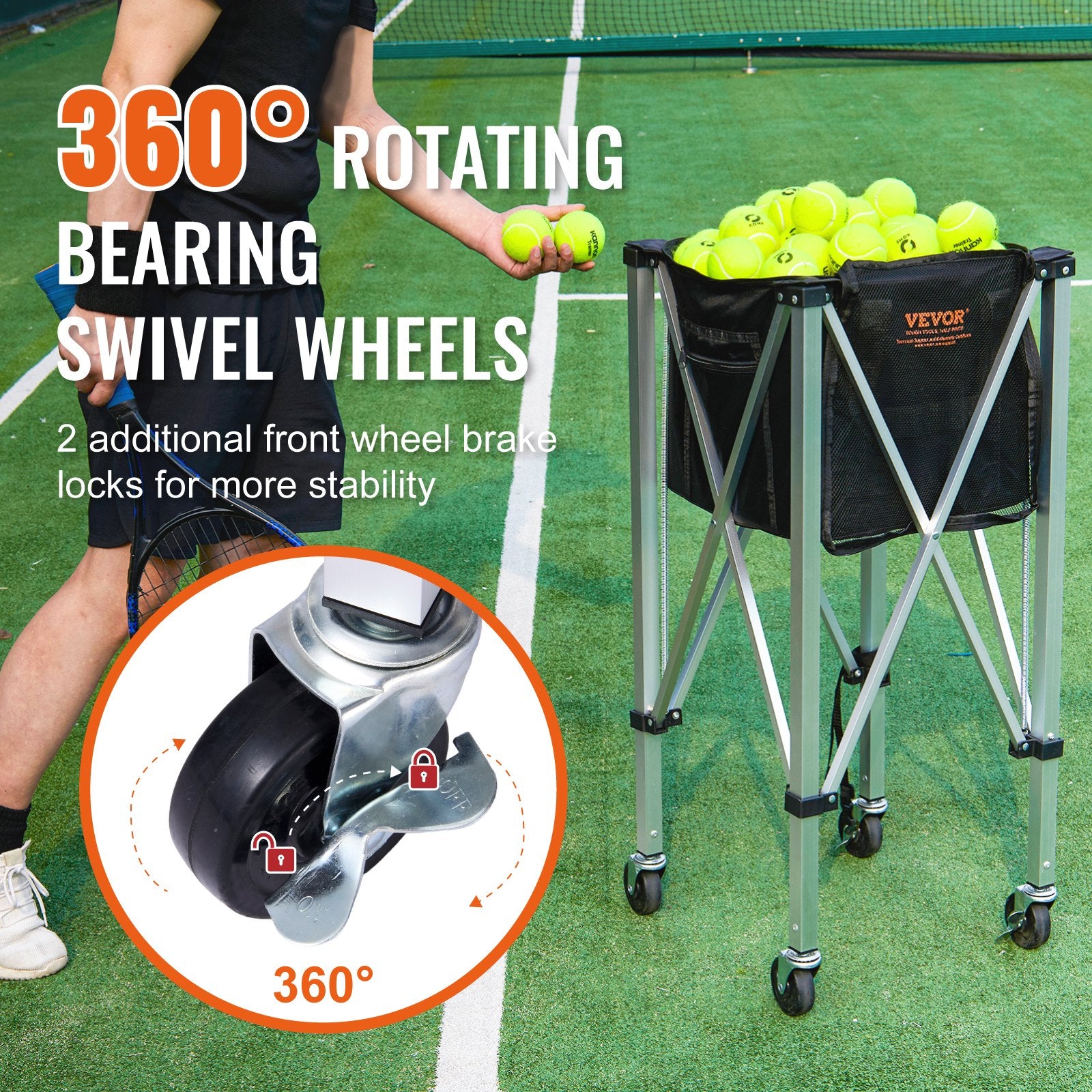 VEVOR Foldable Tennis Ball Hopper, Holds 180 Tennis Balls, Lightweight Aluminum Alloy Tennis Ball Basket Cart with Wheels, Removable Bag, Carry Bag, Portable Sports Teaching Cart for Tennis Player