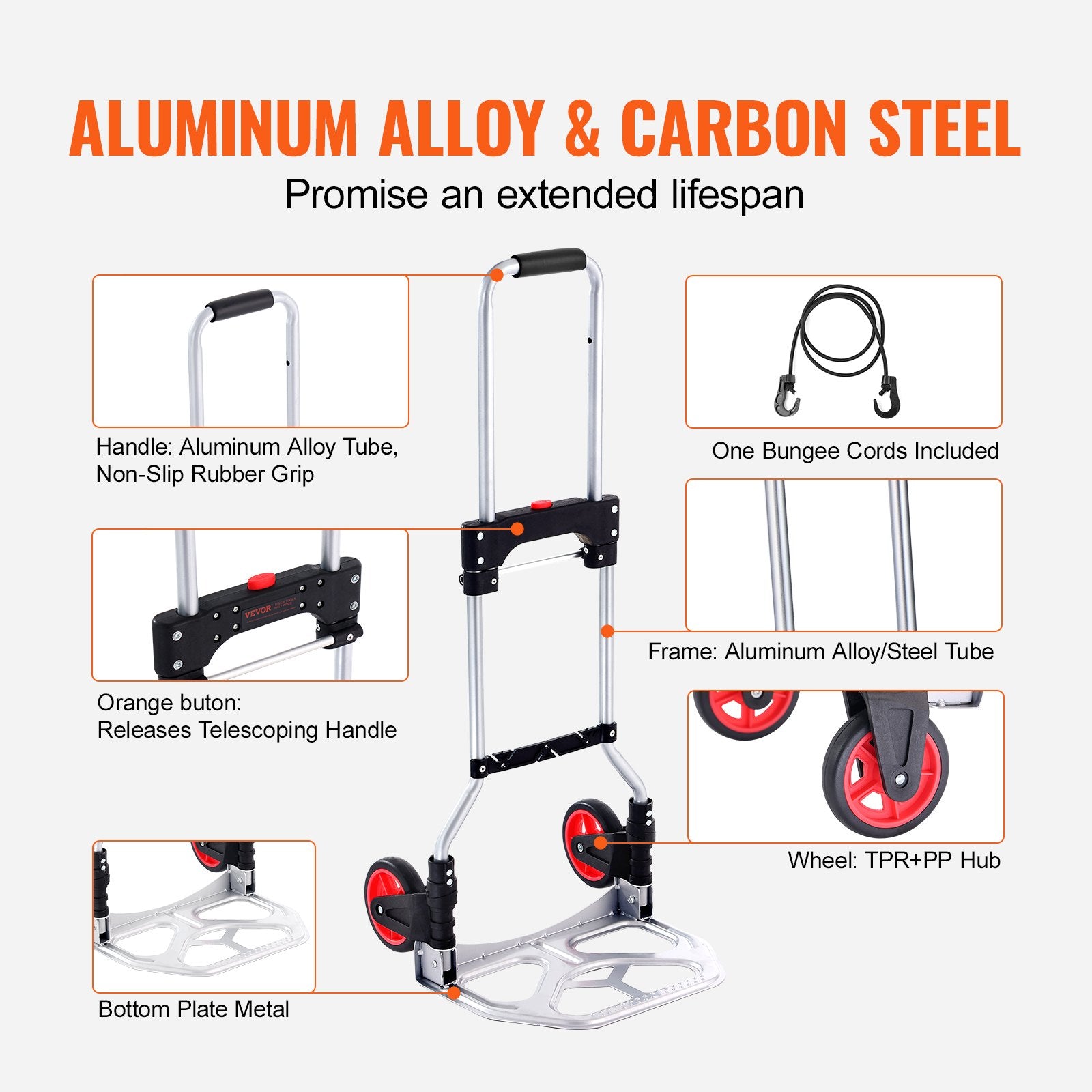 VEVOR Folding Hand Truck, 80 kg Load Capacity, Aluminum Portable Cart, Convertible Hand Truck and Dolly with Telescoping Handle and Rubber Wheels, Ultra Lightweight Super Strong for Moving Warehouse