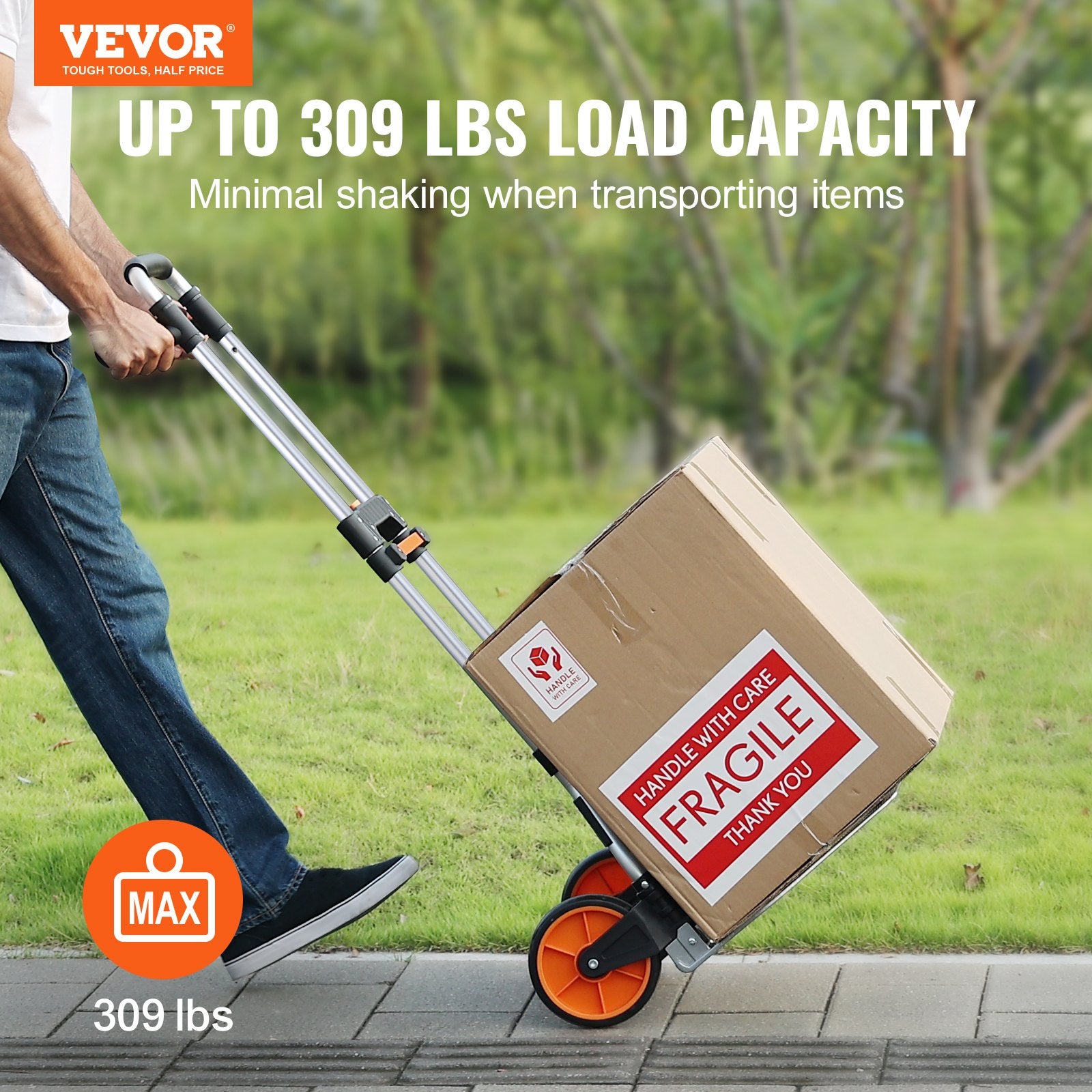 VEVOR Folding Hand Truck, 140 kg Load Capacity, Aluminum Portable Cart, Convertible Hand Truck and Dolly with Telescoping Handle and PP+TPR Wheels, Ultra Lightweight Super Strong for Moving Warehouse