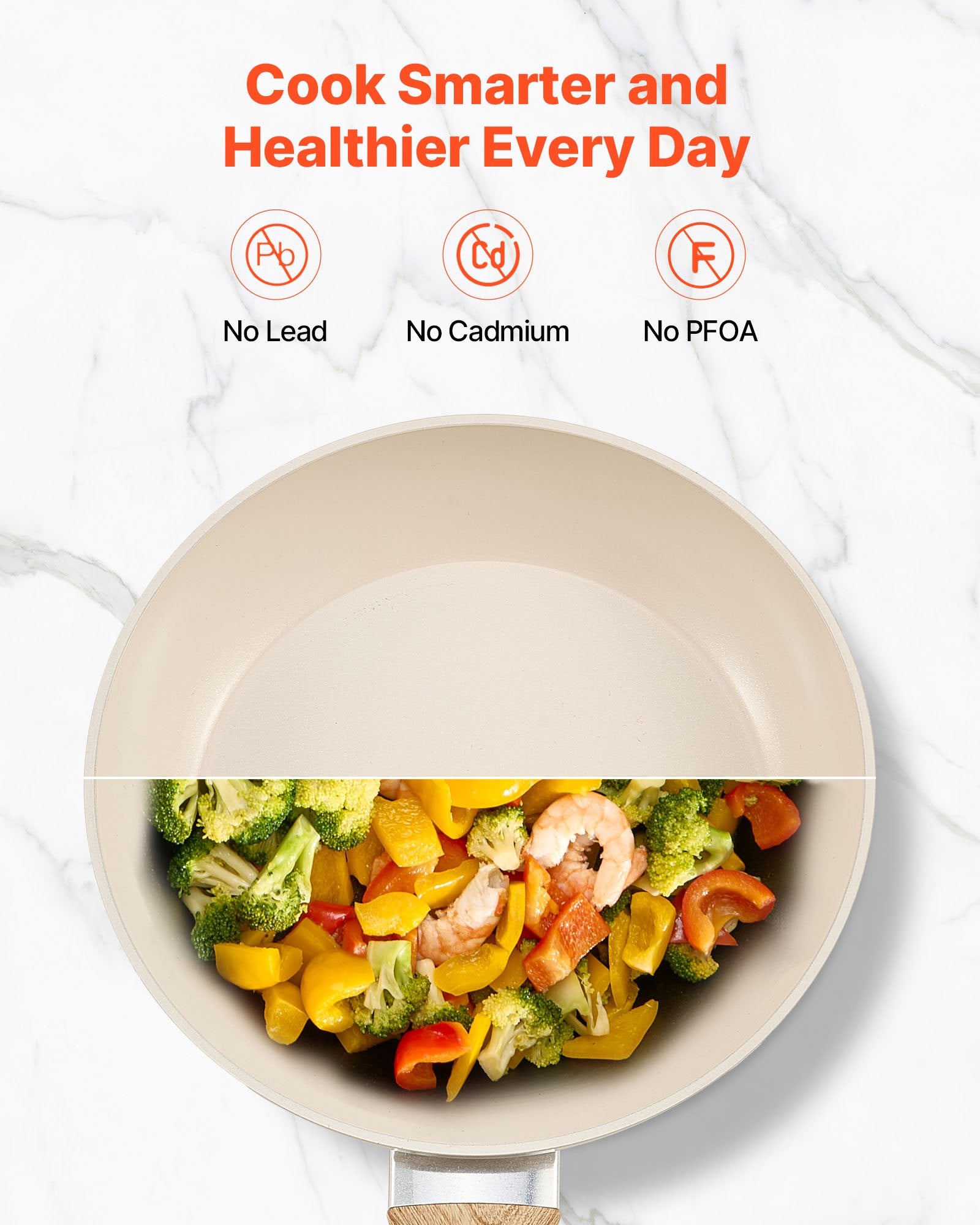 VEVOR Frying Pan Skillet, Aluminum Egg Fry Pans, 3 Pcs (200, 240, 280 mm), Nonsitck Ceramic Heavy-Duty Skillets with Heat-Resistant Handle, Chef's Kitchen Cookware for Gas, Electric, Induction, Beige