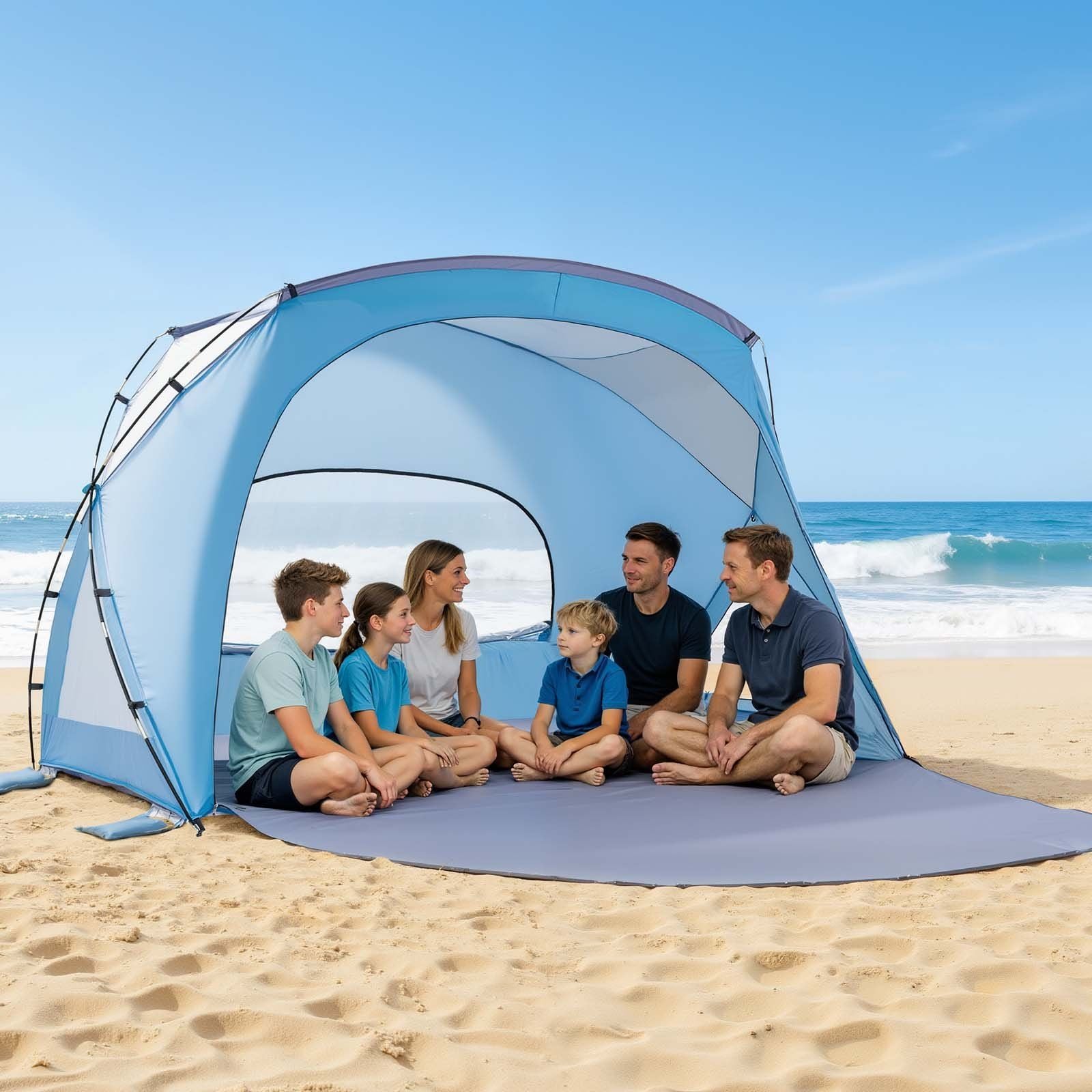 Beach Tent Sun Shelter for 6 Person, UPF 50+ Protection, Portable Sun Shade Canopy with Carrying Bag & Sand Pockets, Lightweight and Easy Setup Beach Umbrella for Family Camping Outdoor Picnic