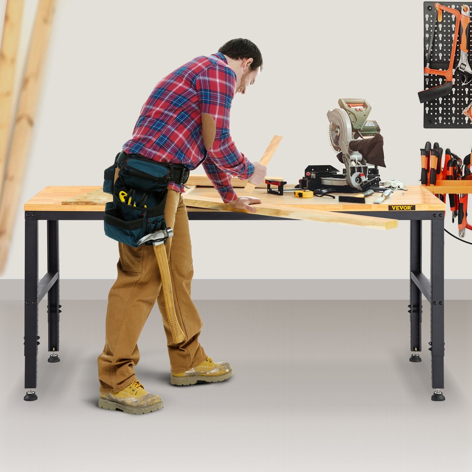 VEVOR Adjustable Workbench, 1220 x 508 x 968 mm Garage Table with 719-968 mm Heights & 900 kg Load Capacity, with Power Outlets & Hardwood Top & Metal Frame & Foot Pads, for Office Home and Garage