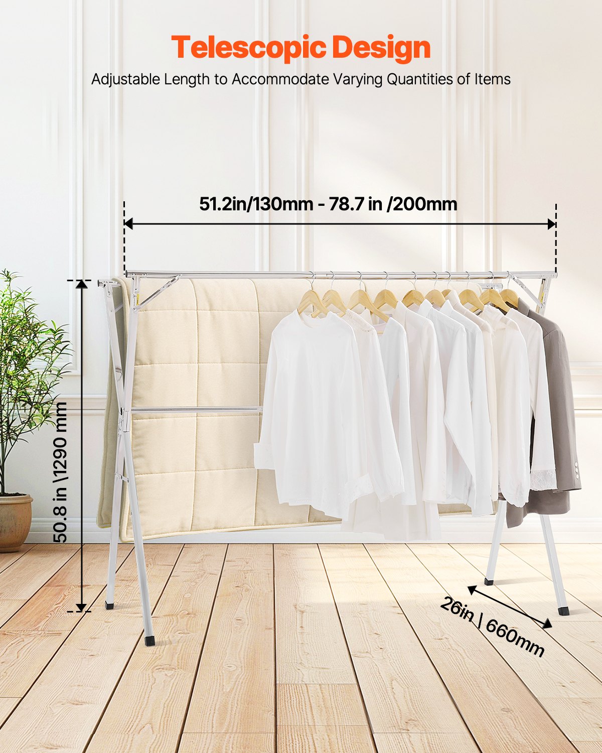 VEVOR 2-Tier Telescopic Clothes Drying Rack w/ 30 Windproof Holes & 2 Shoe Hooks