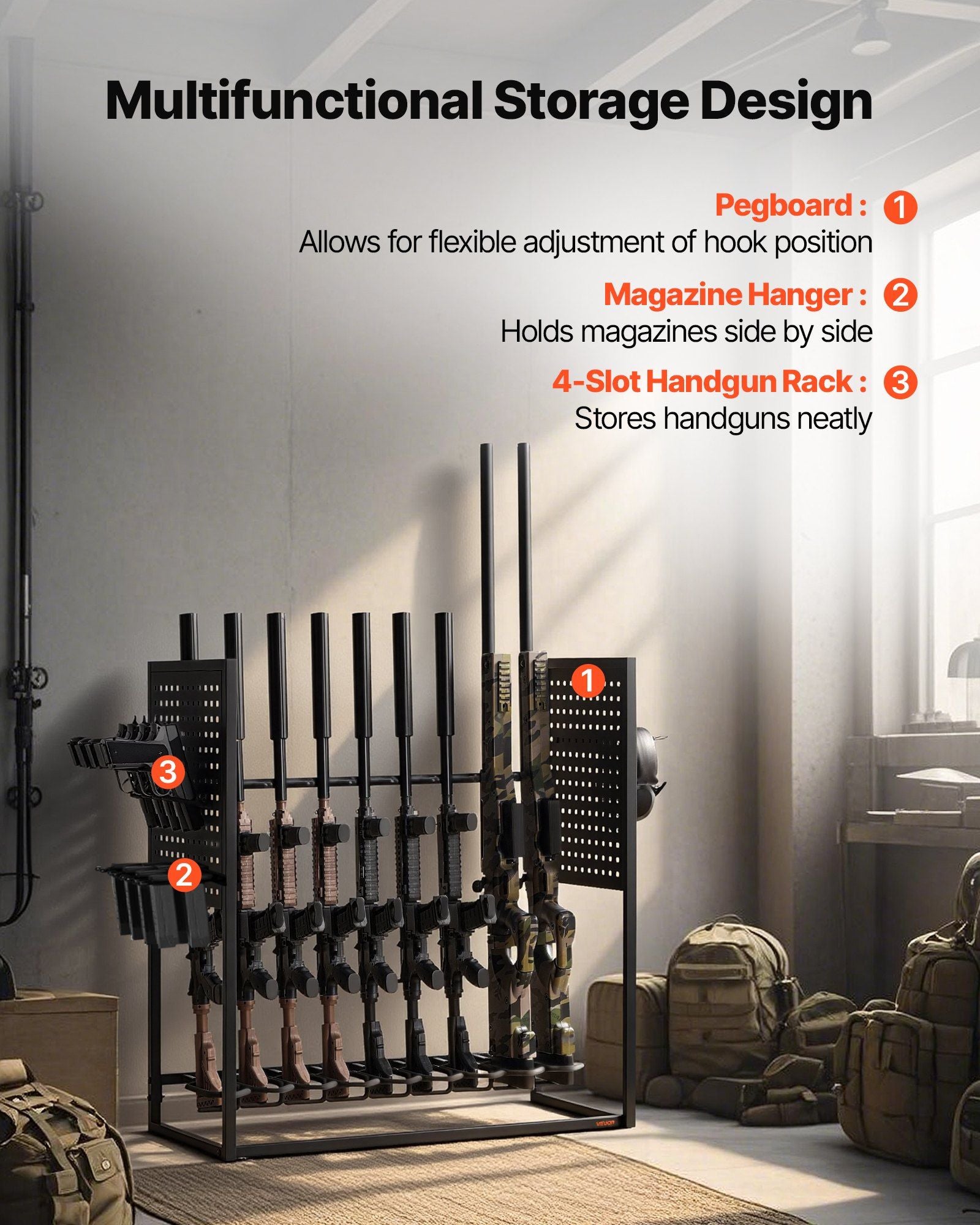Gun Rack, Floor Standing, Indoor Heavy Duty Steel Rifle Shotgun Rack Stand, Freestanding Gun Display Storage with Magazine Holder, Holds up to 9 Rifles and 4 Pistols, for Home Garage Storage