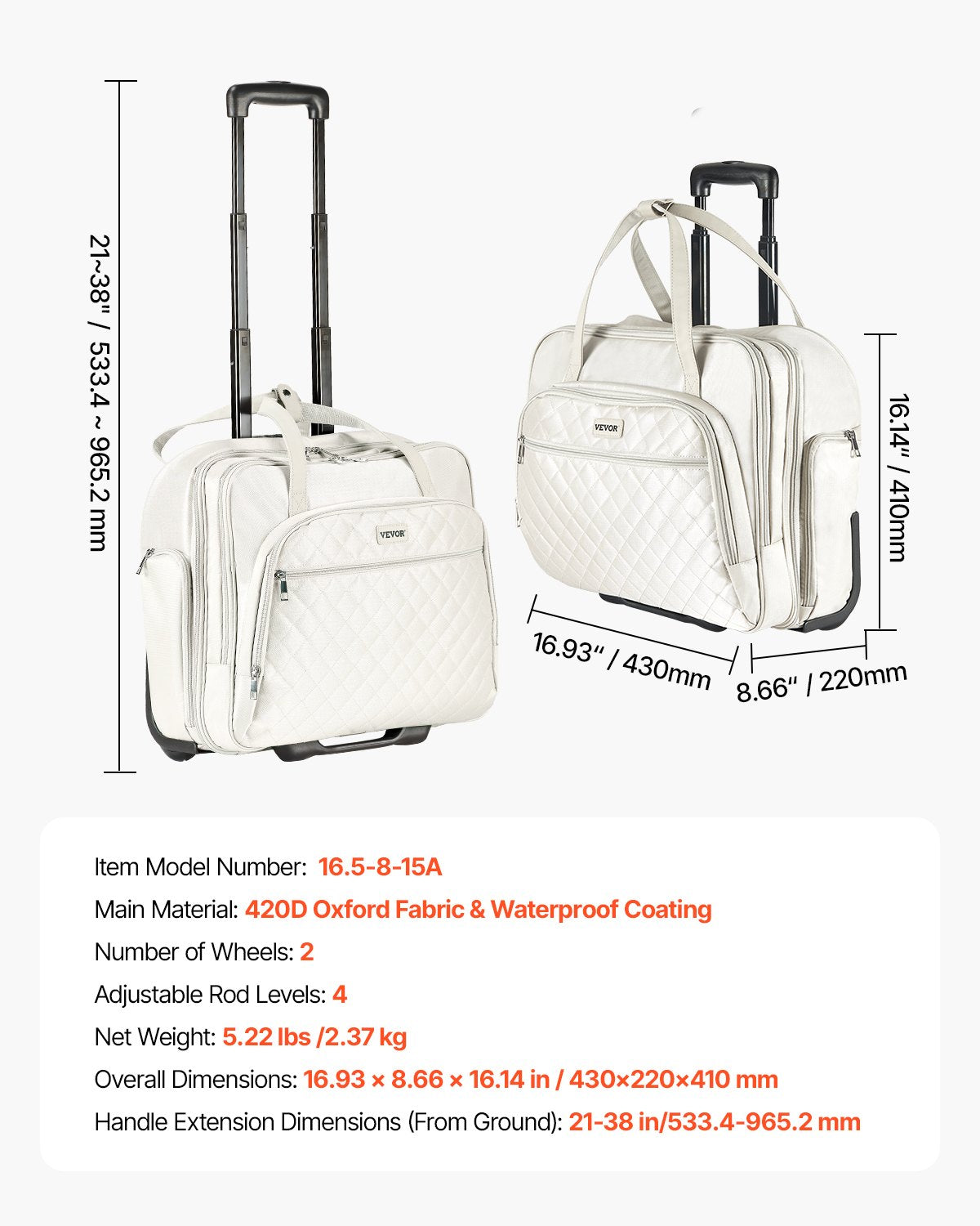 VEVOR Rolling Laptop Bag, Fits Up to 15.6 Inch Laptop, Wheeled Briefcase, Roller Computer Tote Bag with 2 Fixed Wheels & Telescoping Handle, Laptop Case for Work Travel Business Office, Women Men