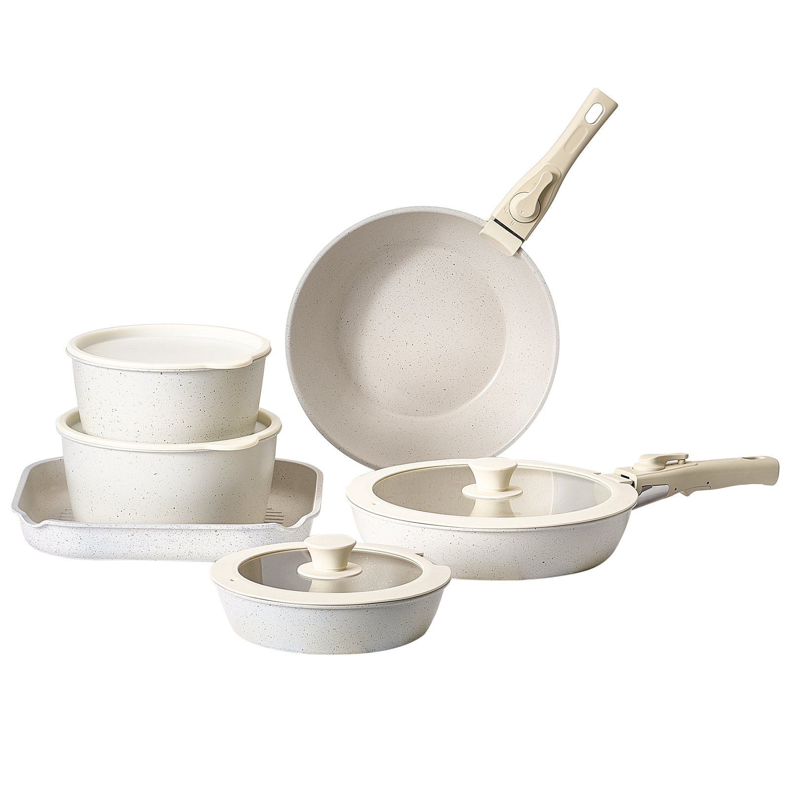 17 Piece Pots and Pans Set Nonstick, Detachable Handle Cookware, Space Saving Induction cookware set, Kitchen RV Cooking Sets, with Frying, Sauce, Saute, Tempered Glass Lids, Oven Safe, White