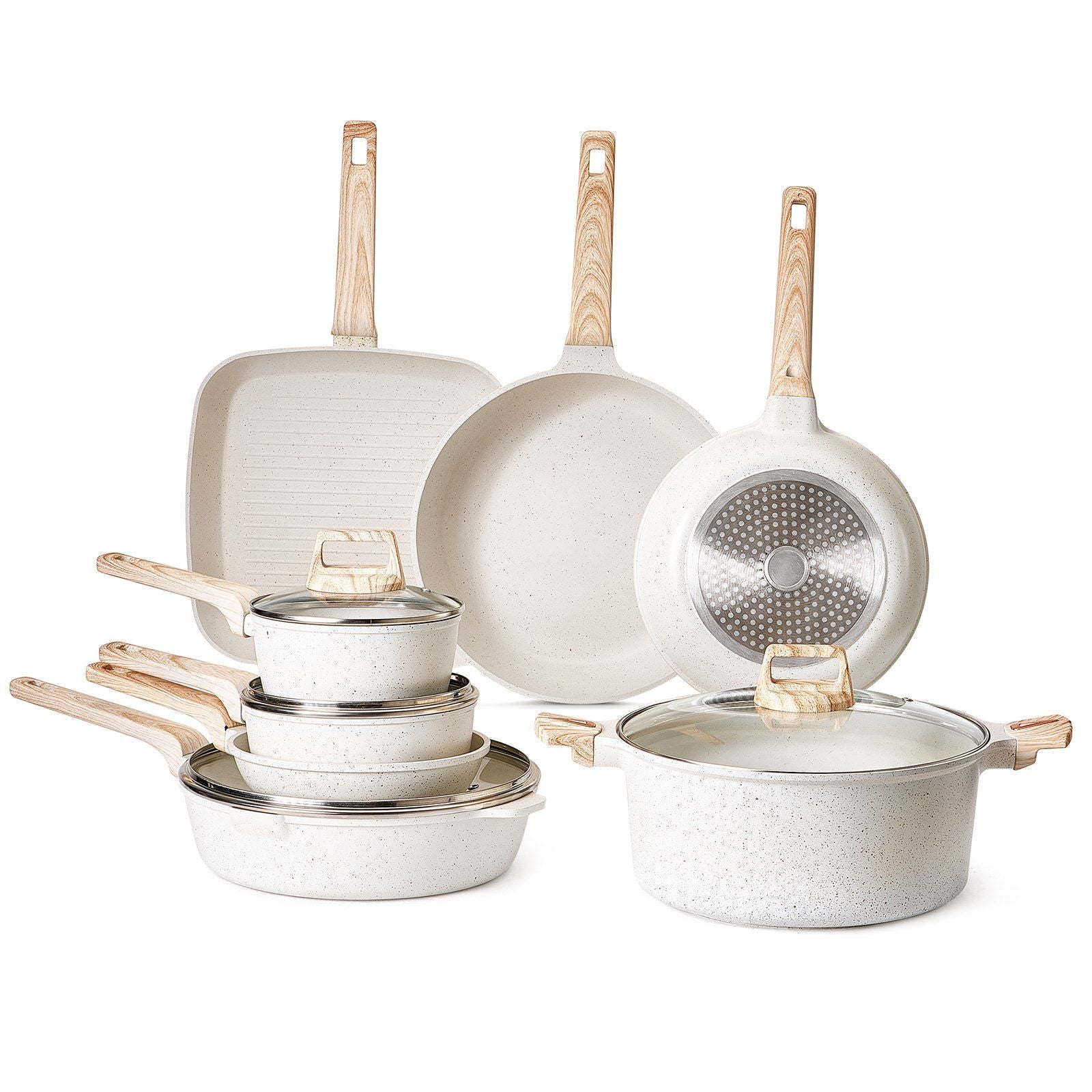 19 Piece Pots and Pans Set Nonstick, Granite Cookware Set, Induction Cookwares, Kitchen RV Cooking Sets with Frying, Sauce, Saute, Tempered Glass Lids, and Pan Protectors, White