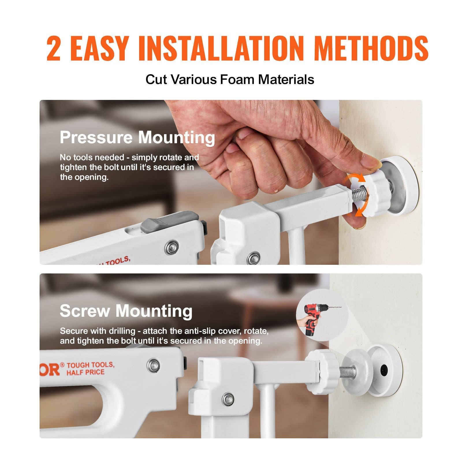 Baby Gate, 749-1229 mm Extra Wide, 762 mm High, Dog Gate for Stairs Doorways and House, Easy Step Walk Thru Auto Close Child Gate Pet Security Gate with Pressure Mount and Wall Mount Kit, White