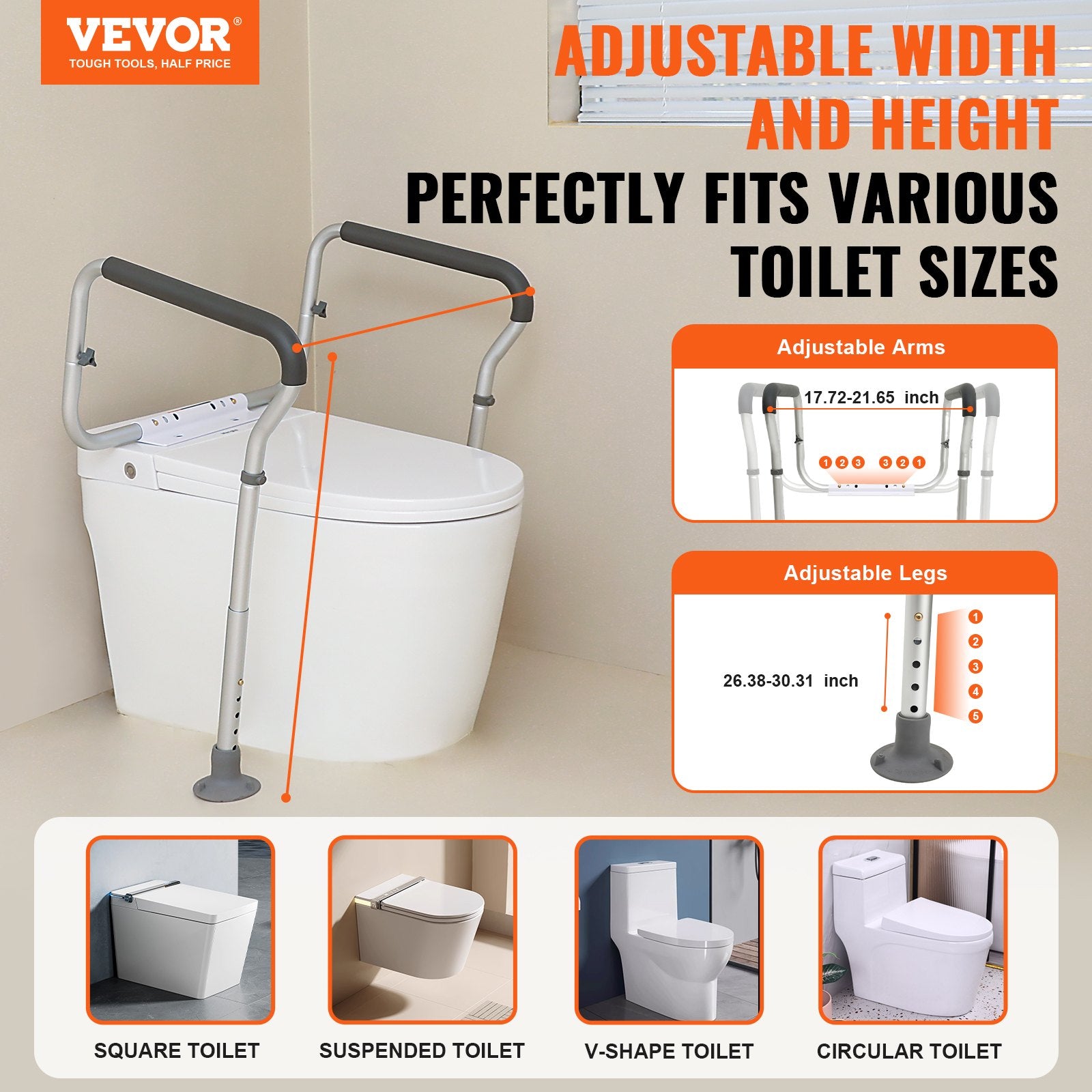 VEVOR Toilet Safety Rail, Bathroom Toilet Seat Frame, Adjustable Width & Height Fit Most Toilets, Supports 136 kg, Toilet Handles Grab Bars with Padded Armrests for Handicap, Disabled, Seniors