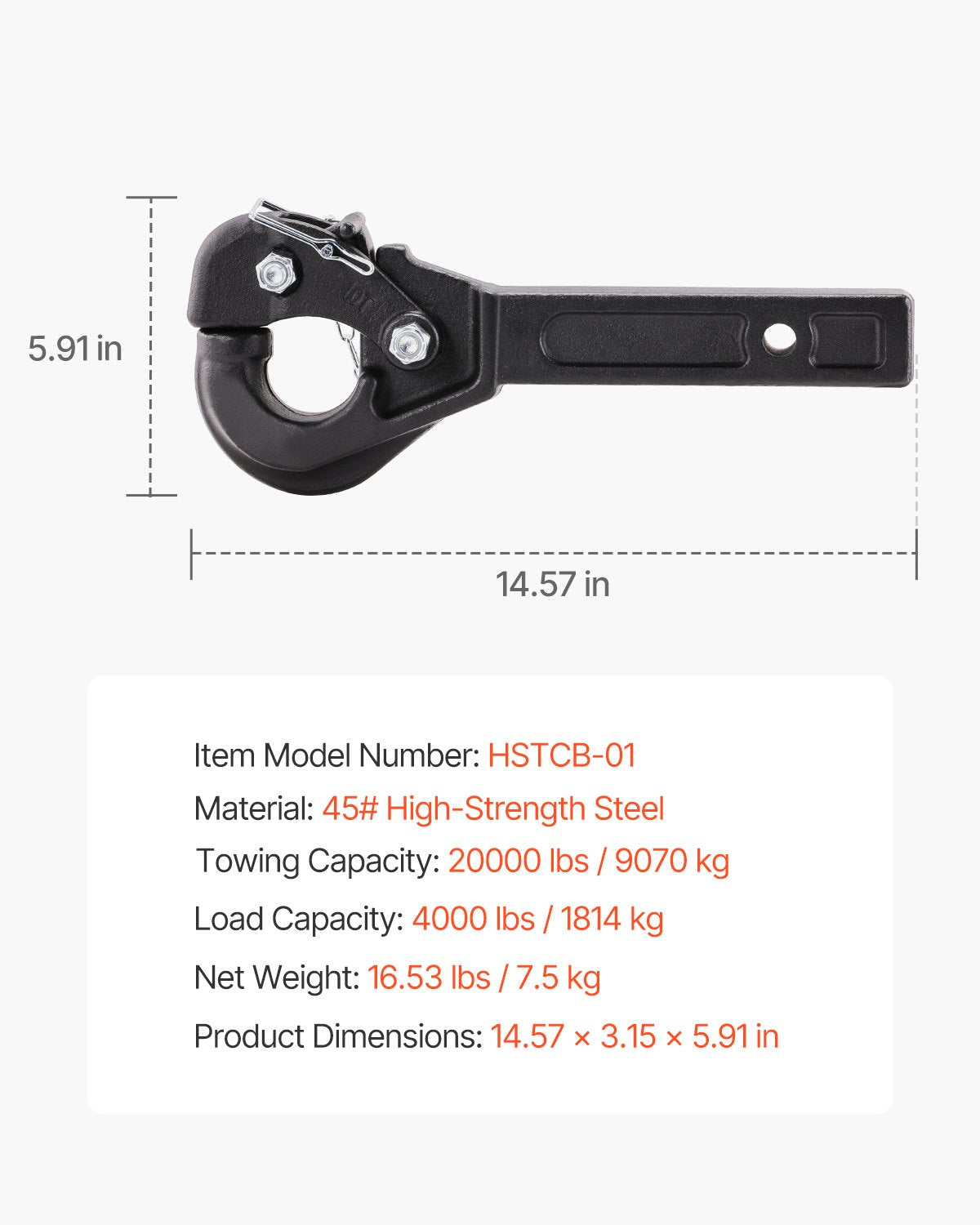 VEVOR Pintle Hitch 50.4 mm Receiver Hook 63.5 - 76.2 mm Lunette Ring 9070 kg