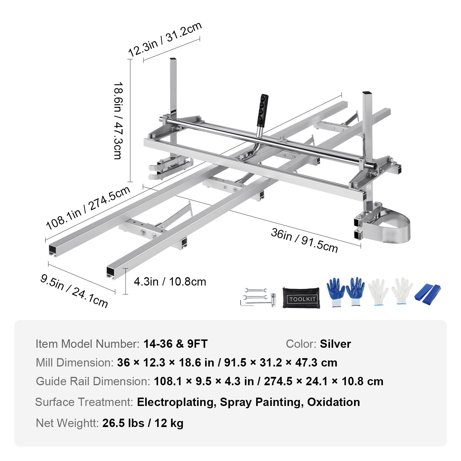VEVOR Chainsaw Mill 14"-36" Guide Bar and 9 ft Aluminum Rail Mill Guide System
