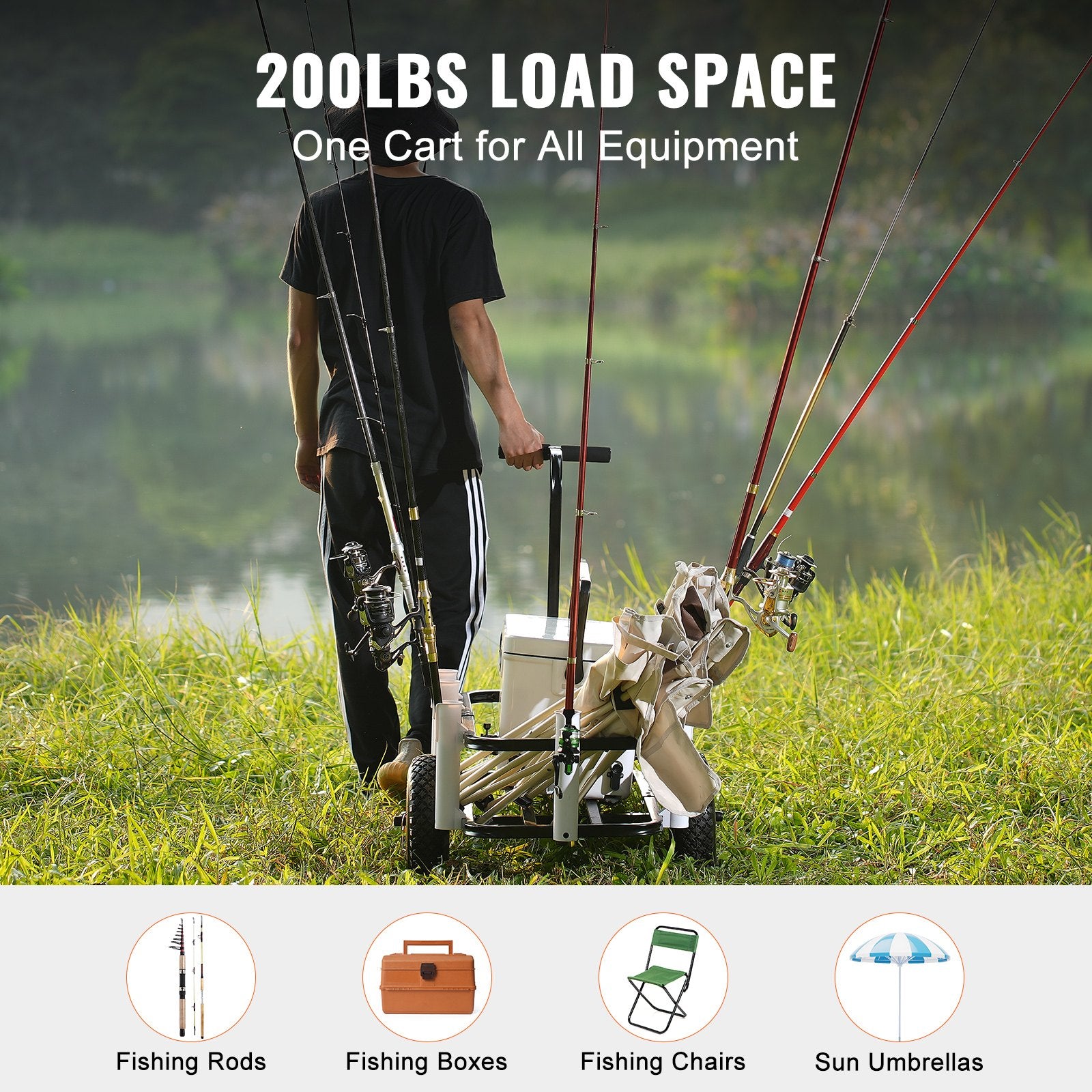 VEVOR Beach Fishing Cart, 91 kg Load Capacity, Fish and Marine Cart with Two 275 mm Big Wheels Rubber Balloon Tires for Sand, Heavy-Duty Steel Pier Wagon Trolley with 7 Rod Holders for Fishing, Picnic