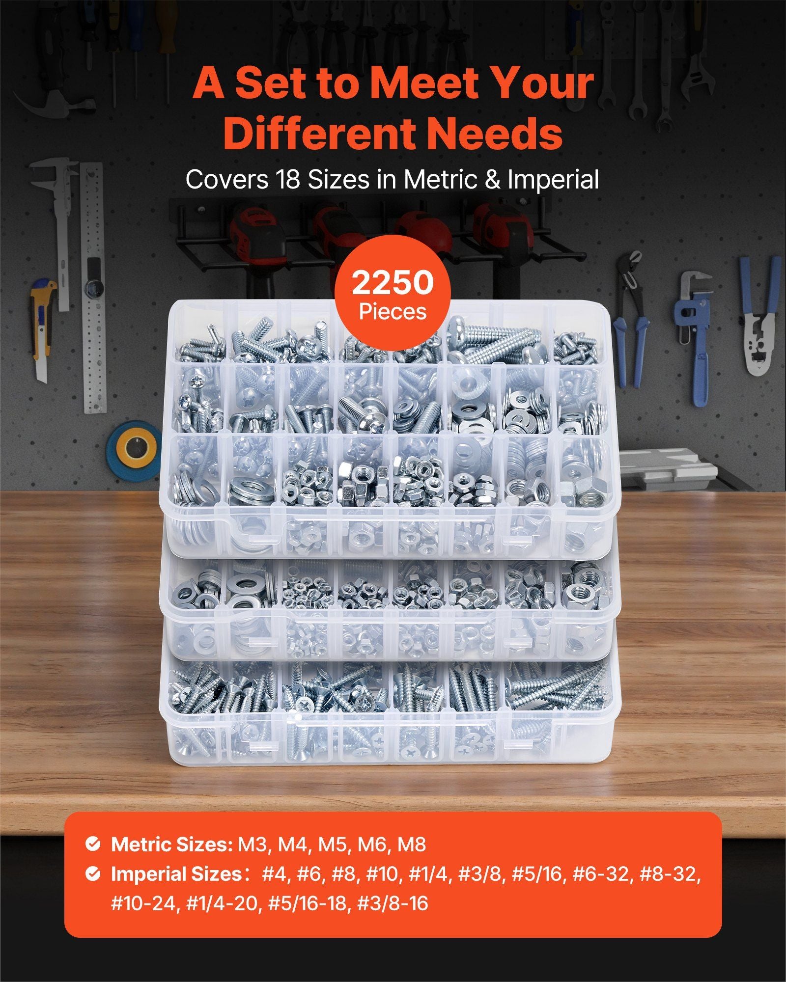 2250 Pcs Bolts and Nuts Assortment Kit, Metric + Imperial Machine Screws and Flat Washers, Alloy Steel M3/M4/M5/M6/M8 Multiple Size, for Equipment/Vehicle Assembly,Galvanized White
