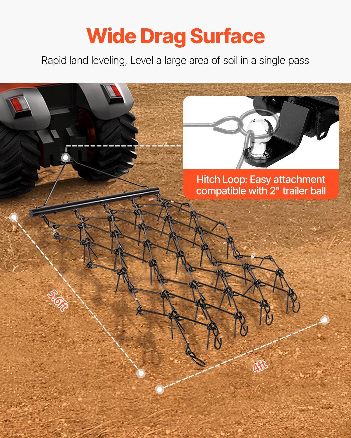 Drag Harrow, 1.2x1.7m Durable Chain Harrow with 80 Sharp Teeth, Suitable for ATV UTV Tractor, Ideal for Soil Preparation, Seeding, Smoothing Landscapes, and Yard Gravel Driveway Maintenance