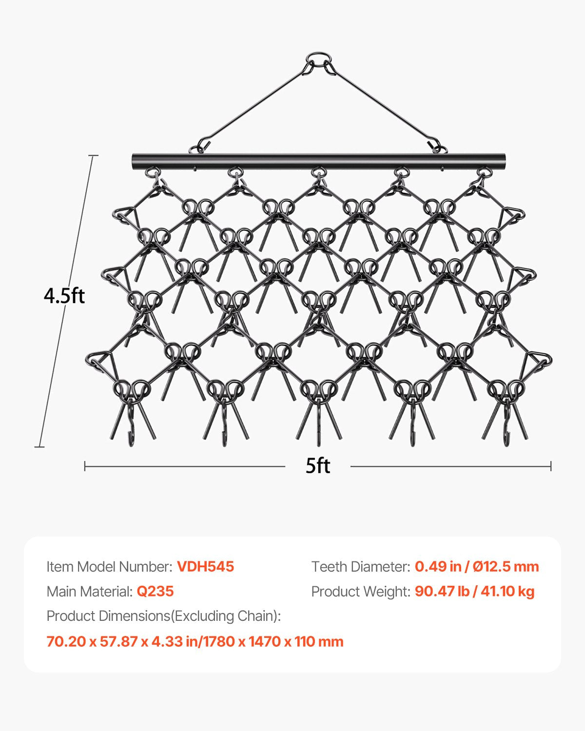 VEVOR Drag Harrow, 5 x 4.5 ft Durable Chain Harrow with 60 Sharp Teeth, Suitable for ATV UTV Tractor, Ideal for Soil Preparation, Seeding, Smoothing Landscapes, and Yard Gravel Driveway Maintenance
