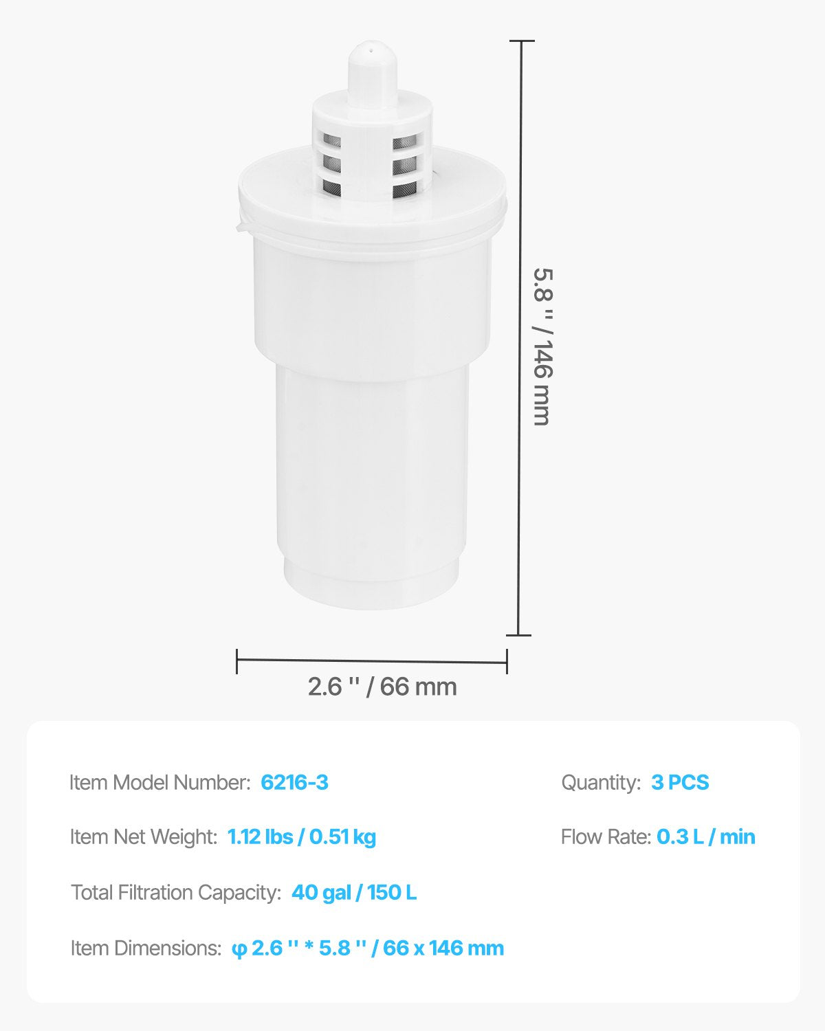 VEVOR Pitcher Water Filters 3-pack Replacements for Water Filter Pitcher 6216