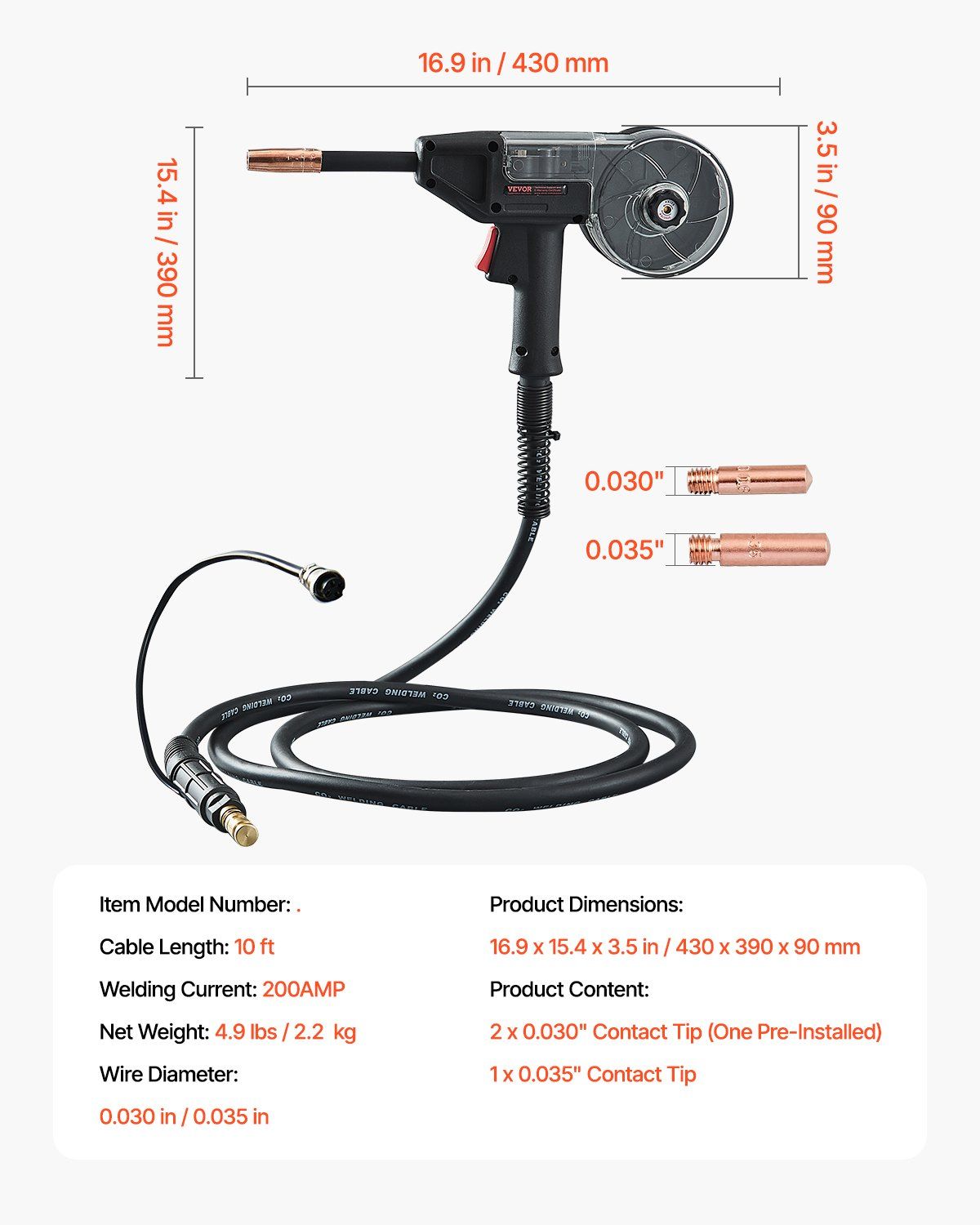 200Amp Spool Gun with 10FT Cable, Compatible with W Weldpro MlG200GDsv200 and MIG155GD Welders, Suitable for 0.030" and 0.035" Flux Core/Solid/Aluminum Welding Wires
