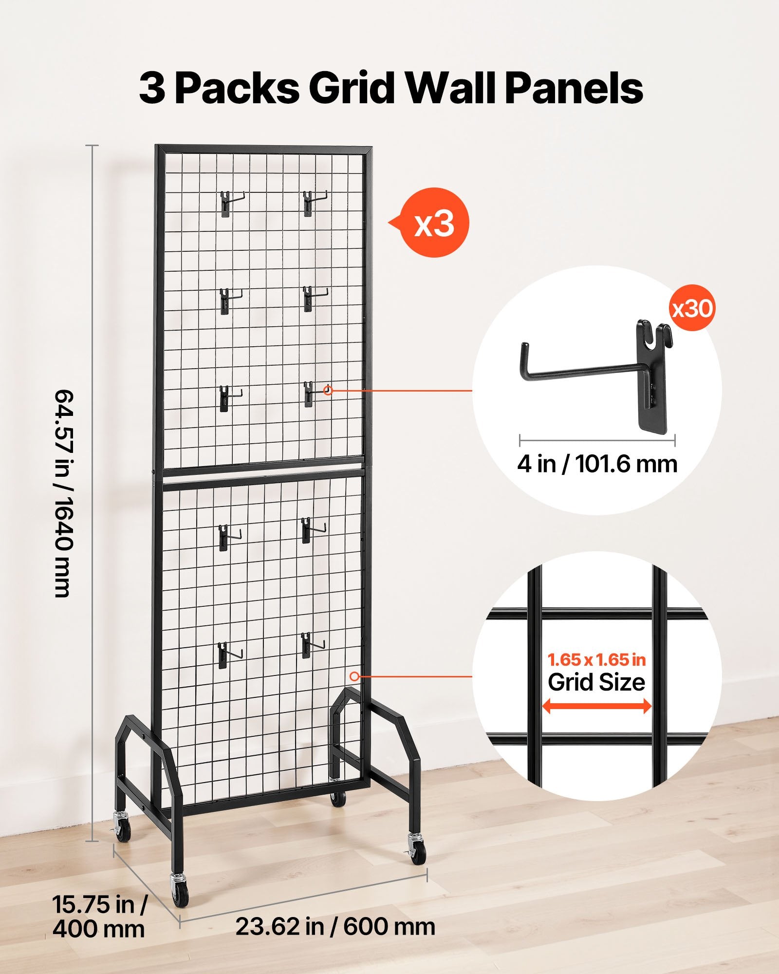VEVOR 3 Packs Grid Wall Panels, 600 x 1640mm Wire Grid Panels Display Rack, Movable Art Display Shelf with Wheels and 30 Hooks, Black Carbon Steel Gridwall for Craft Show, Decor, Storage, Notice Board