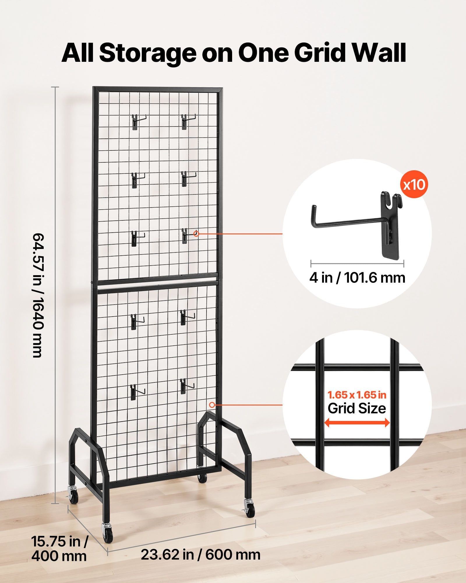 VEVOR Grid Wall Panel, 600 x 1640 mm Wire Grid Panels Display Rack, Movable Art Display Shelf with Wheels and 10 Hooks, Black Carbon Steel Gridwall for Craft Show, Decoration, Storage, Notice Board
