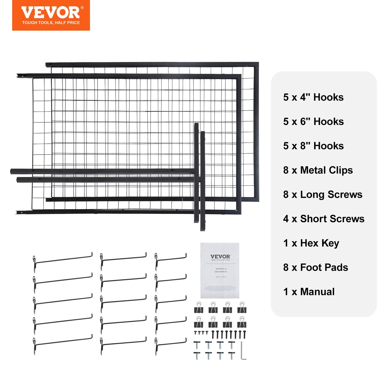 VEVOR 2' x 5.6' Grid Wall Panels Tower, 2 Packs Wire Gridwall Display Racks with T-Base Floorstanding, Double Side Gridwall Panels for Art Craft Shows, Retail Display with Extra Clips and Hooks