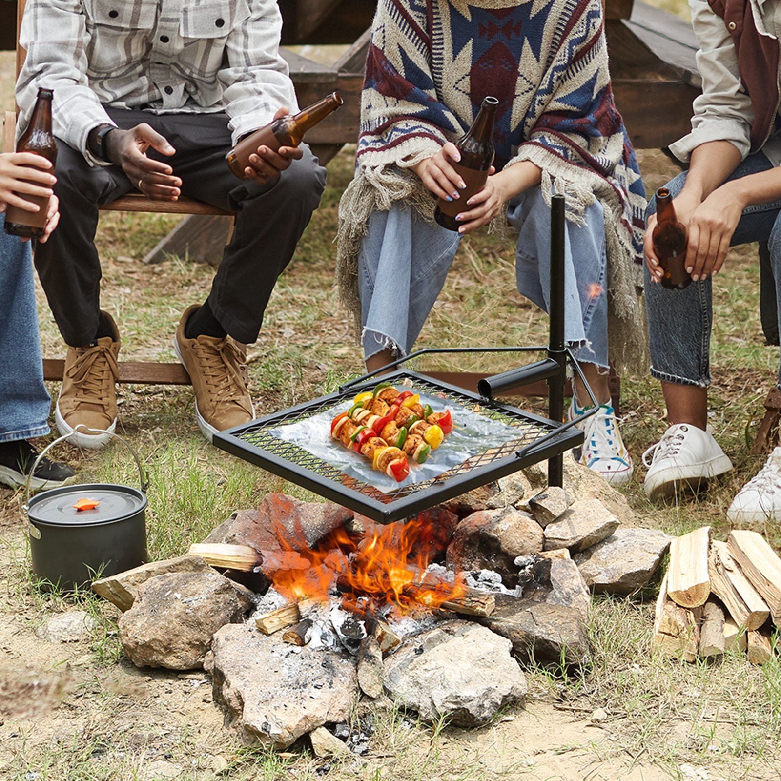 Swivel Campfire Grill, Fire Pit Grill Grate over Fire Pits, Heavy Duty Steel Grill Grates, 360° Adjustable Open Fire Outdoor Cooking Equipment, Portable Camp Fire Racks for Camping Outdoor BBQ