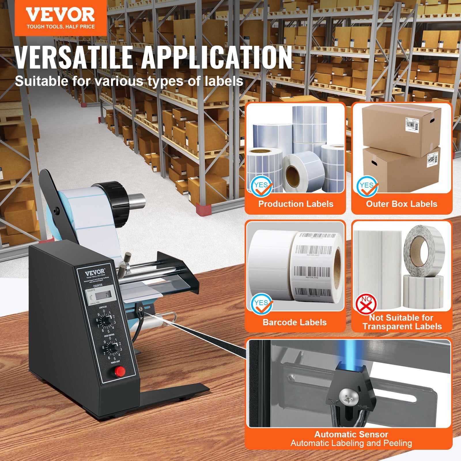 VEVOR Automatic Label Dispenser, Width 15-125 mm, Length 3-150 mm, Automatic Label Stripper Label Separating Machine, Speed Adjustable Label Applicator, Auto Counting 0-999999 for Various Label Sizes