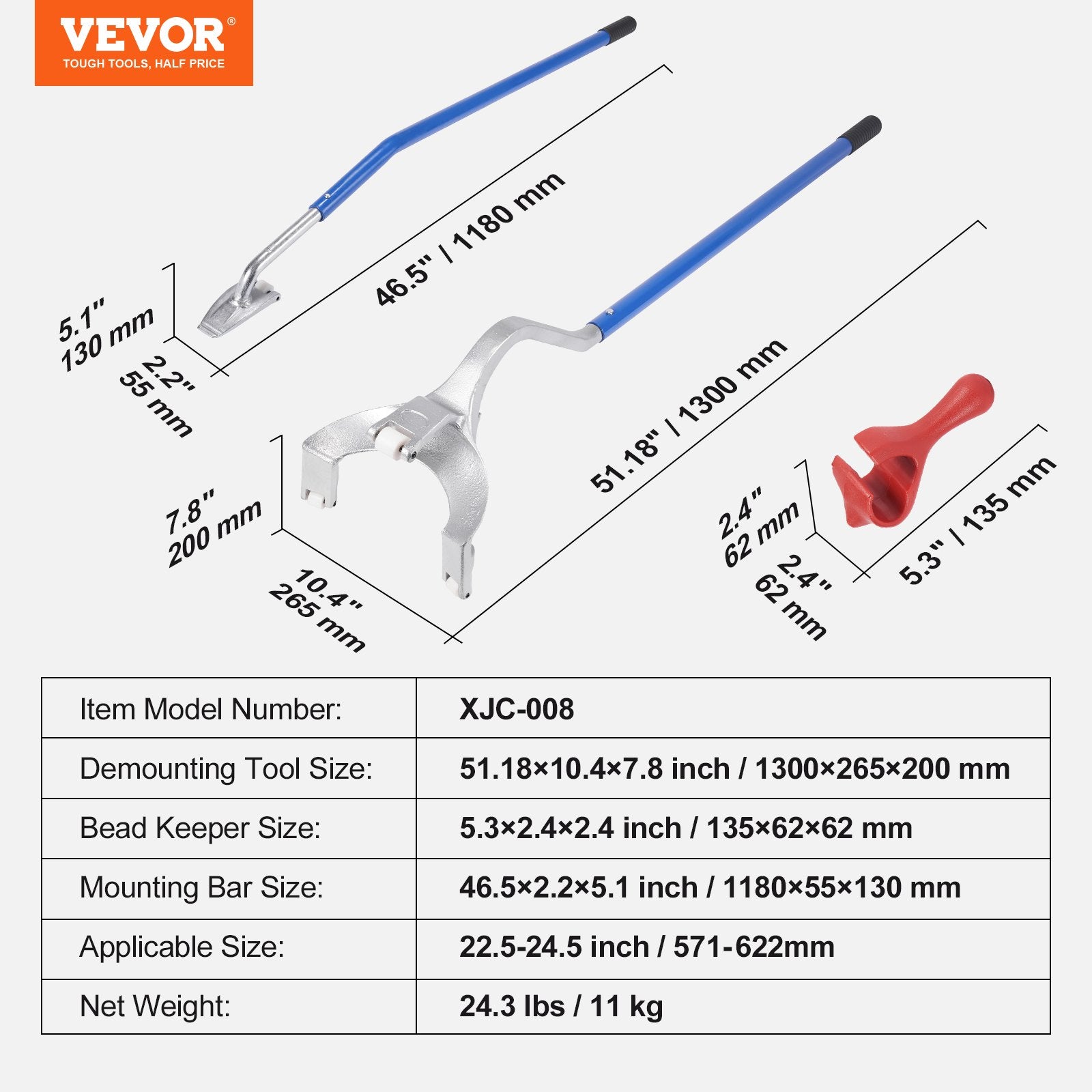 VEVOR Tire Mount Demount Tool, 571-622 mm Manual Steel Tire Changer Mount Demount Removal Tool, with Extra Bead Keeper, Tubeless Truck Bead Breaker, 3 PCS Tire Changing Tools, Orange