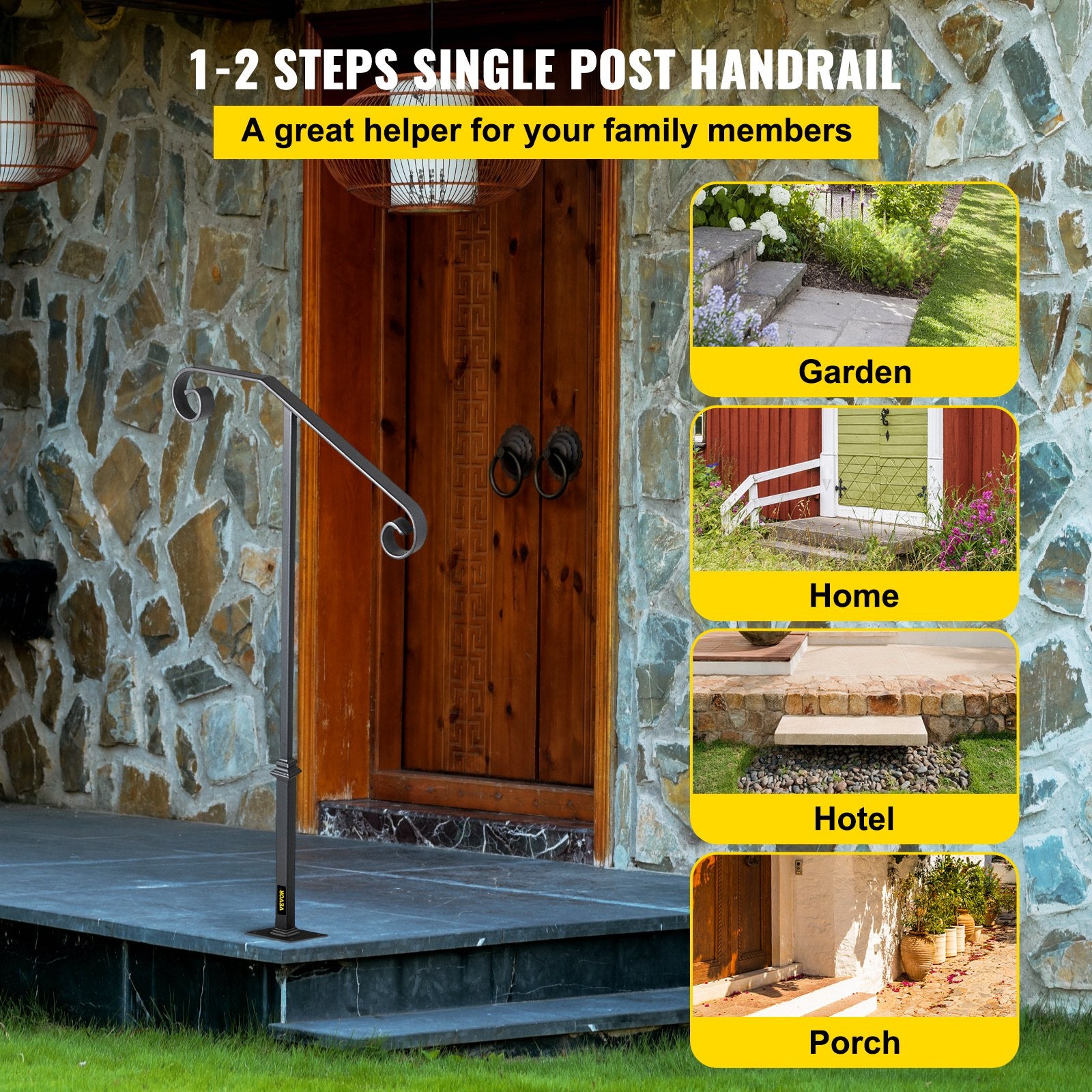 VEVOR Handrails for Outdoor Steps, Fit 1 or 2 Steps Outdoor Stair Railing, Single Post Wrought Iron Handrail, Gray Transitional Porch Railings for Concrete Steps or Wooden Stairs with Base