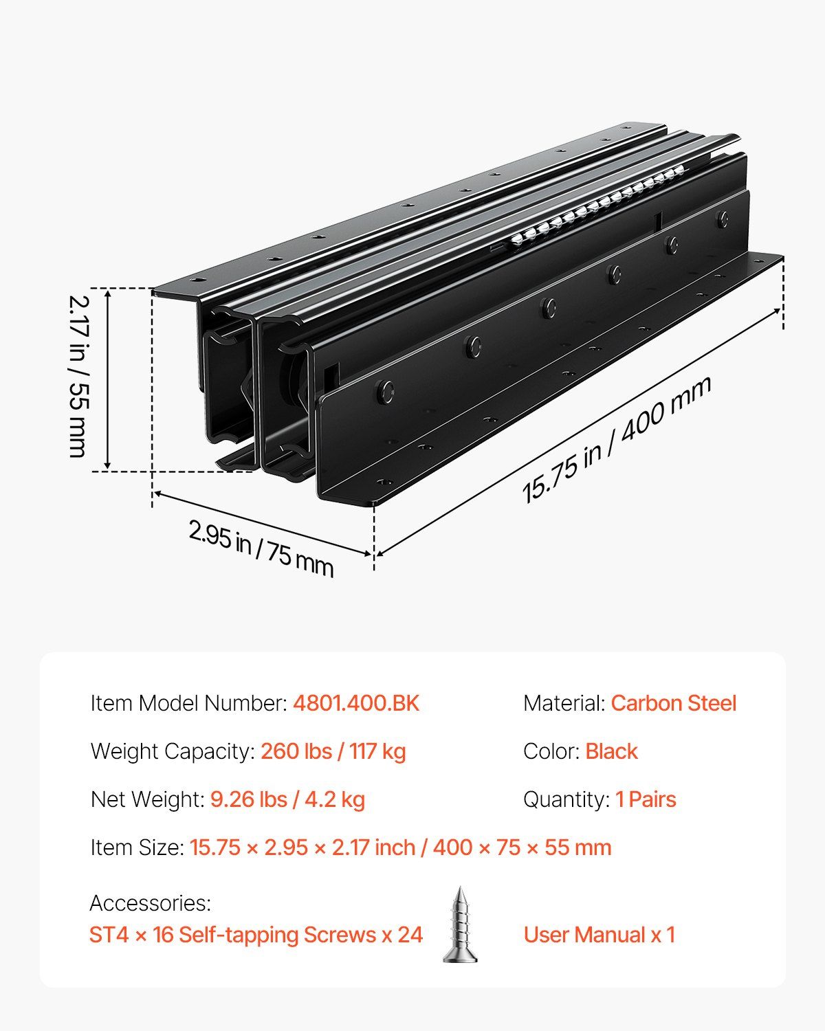 Undermount Drawer Slides, 16 inch, Full Extension Ball Bearing Under Stair Cabinet Rails, 260 LB Load Capacity Heavy Duty Bottom Stair Cabinet Glides Track Runners,for DIY Replacement, Black
