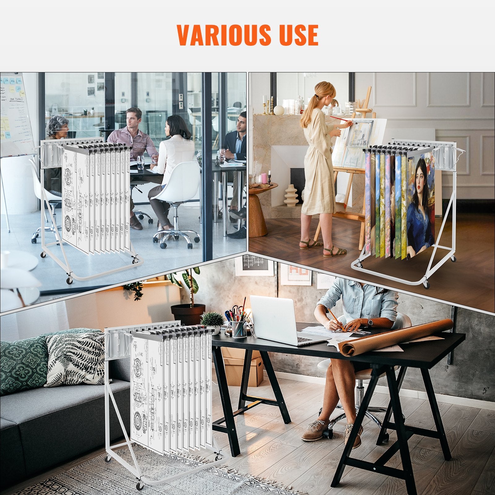 VEVOR Mobile Blueprint Storage Rack, Plan Holder with 12 Pivot Brackets, Mobile Blueprint Holder Adjustable Height & Length, Poster Display Rack for Office and Home (Rack Only Without Clamps)