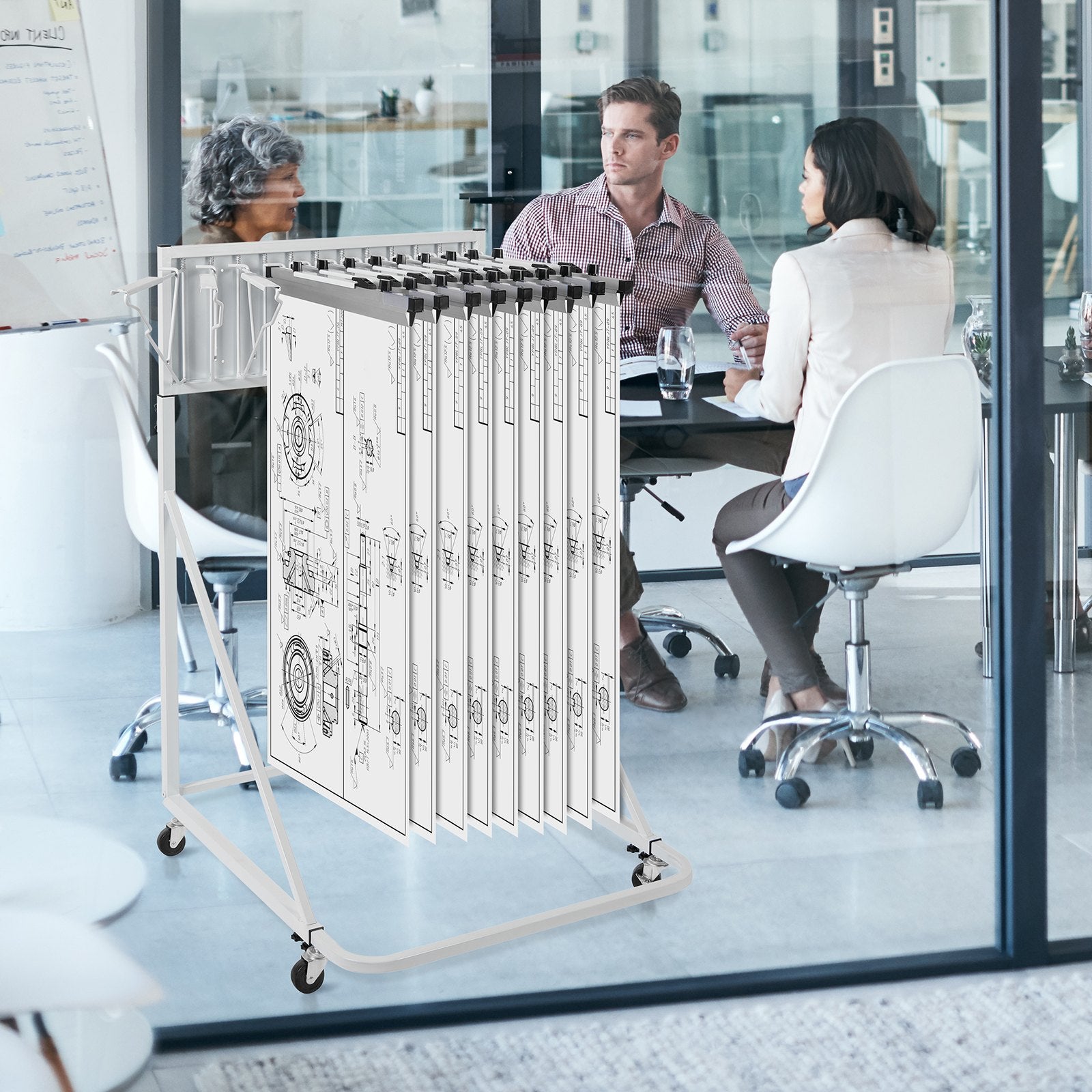 VEVOR Mobile Blueprint Storage Rack, Plan Holder with 12 Pivot Brackets, Mobile Blueprint Holder Adjustable Height & Length, Poster Display Rack for Office and Home (Rack Only Without Clamps)